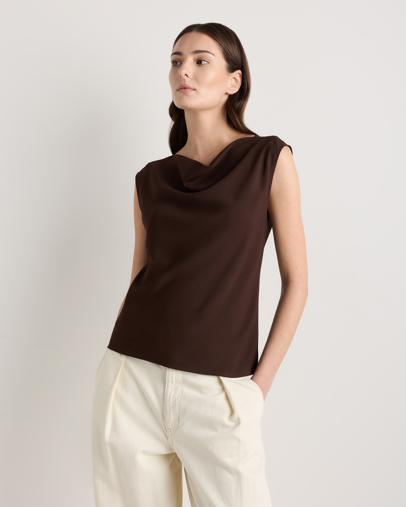 Coffee Bean Brown Draped Matte Cowl Neck Tank