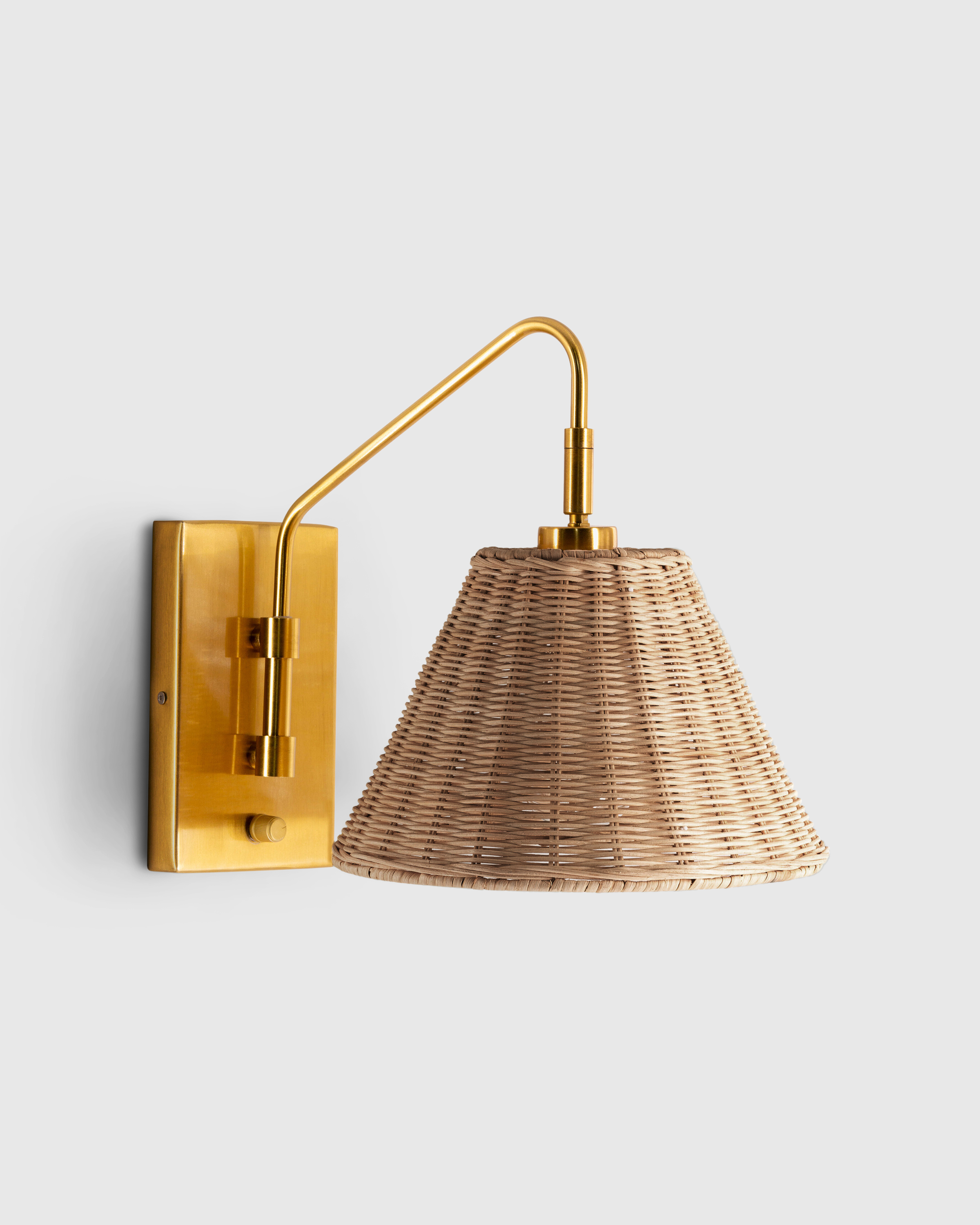 Brass Articulating Sconce with Rattan Shade