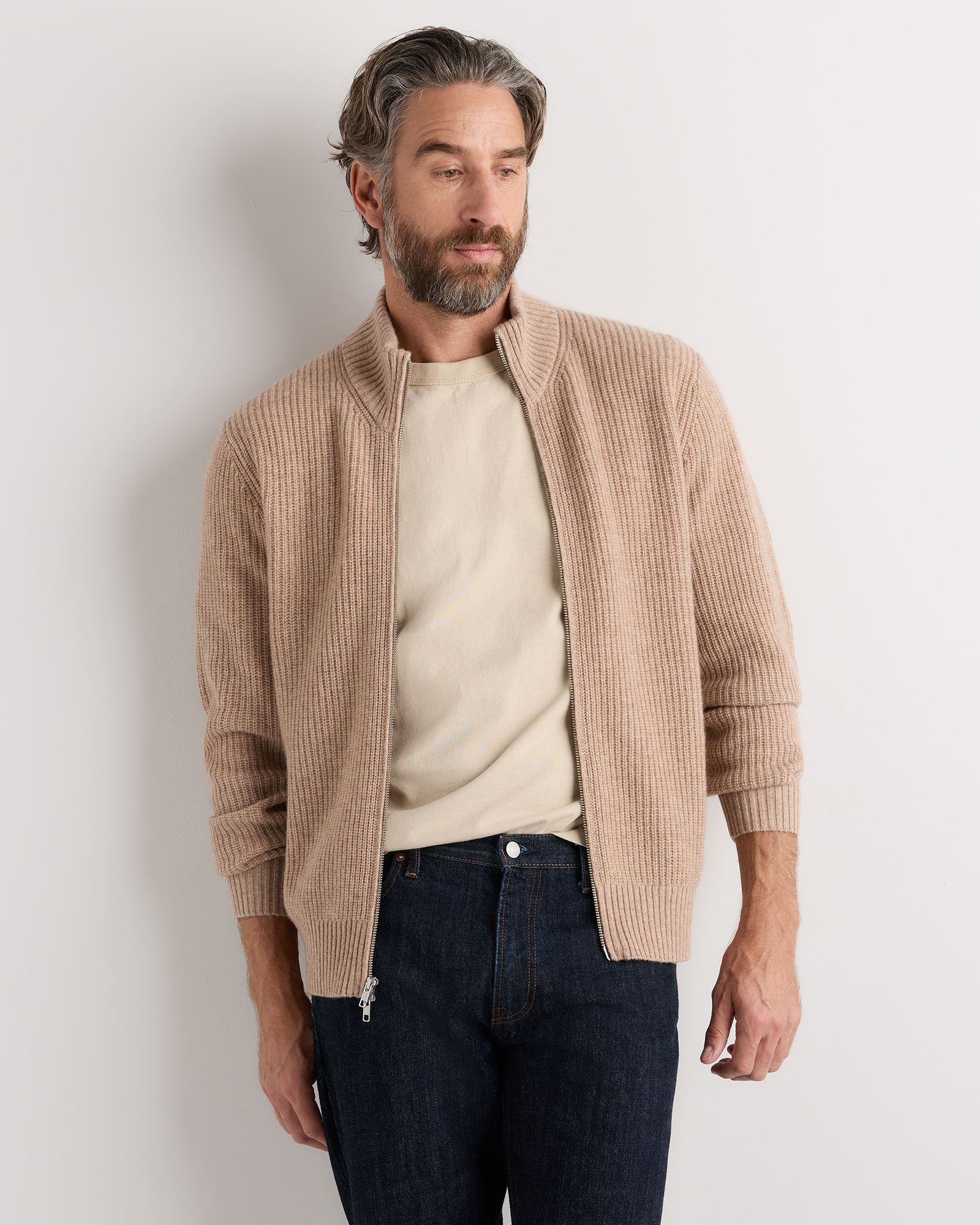 Oatmeal Mongolian Cashmere Fisherman Full Zip Sweater