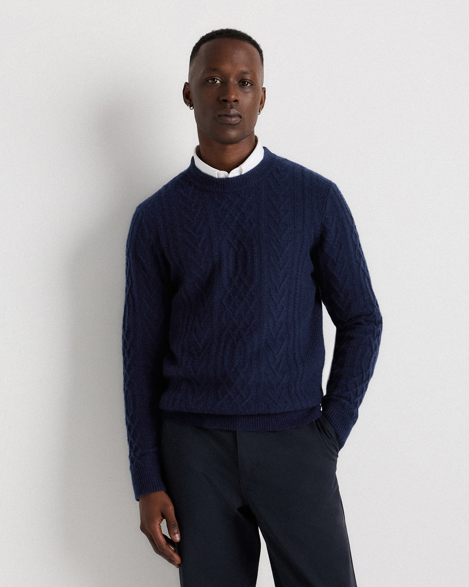 True Navy Mongolian Cashmere Cable Crewneck Sweater