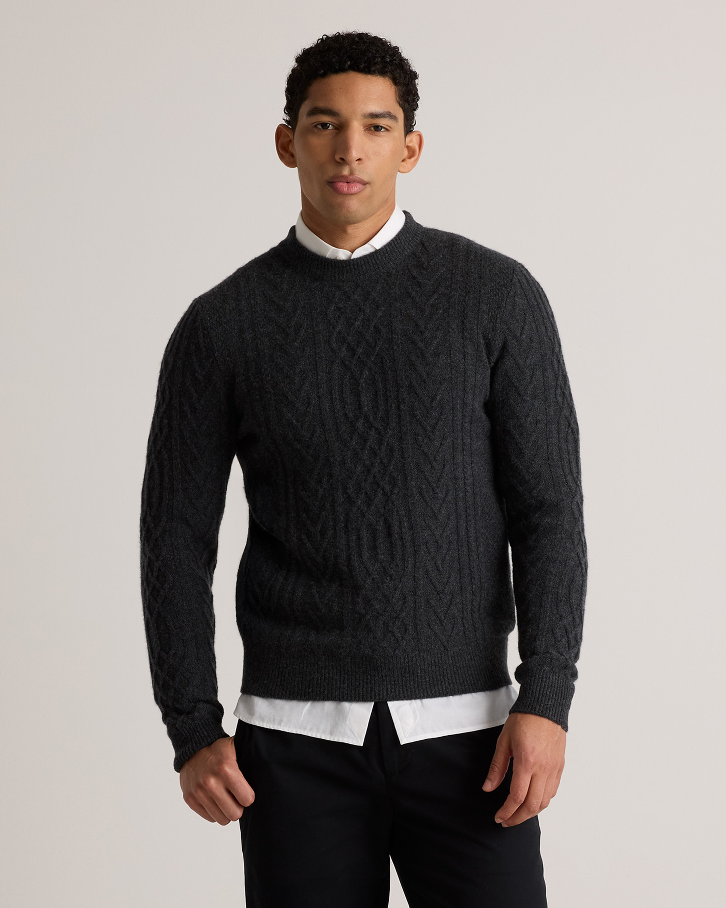 Charcoal Mongolian Cashmere Cable Crewneck Sweater