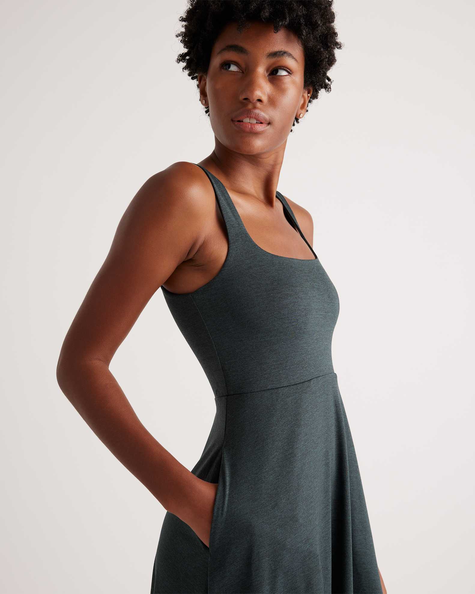 heather green dress Women's Flowknit Breeze Fit & Flare Dress in Heather Green, Size XS, 100% Polyester by Quince