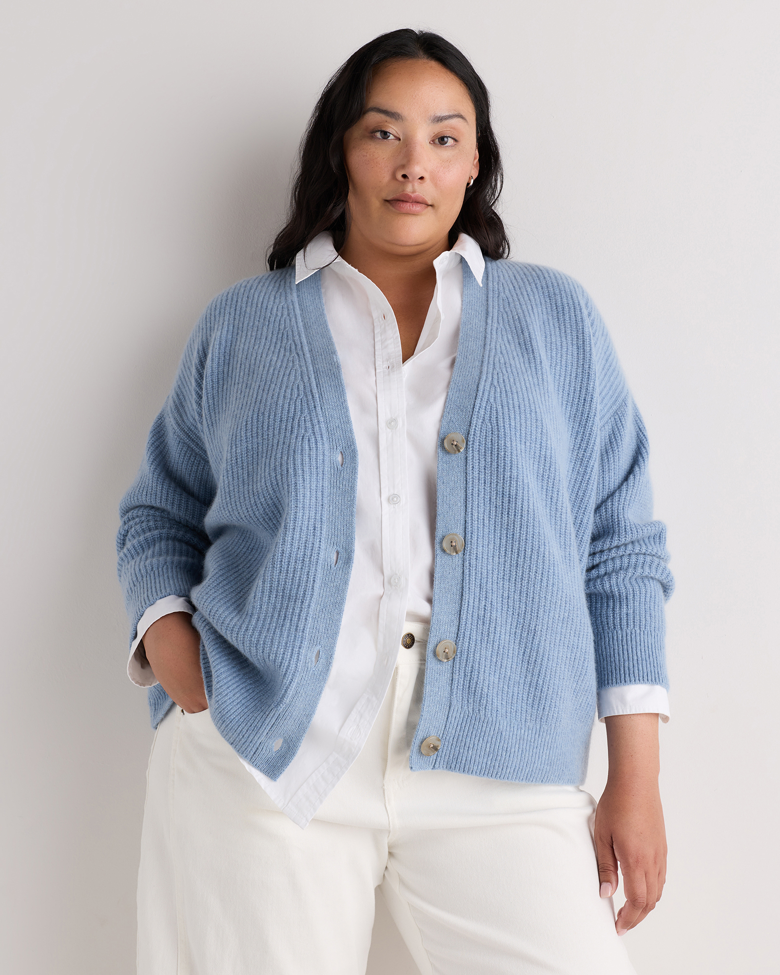 Faded Denim Mongolian Cashmere Fisherman Boxy Cropped Cardigan Sweater