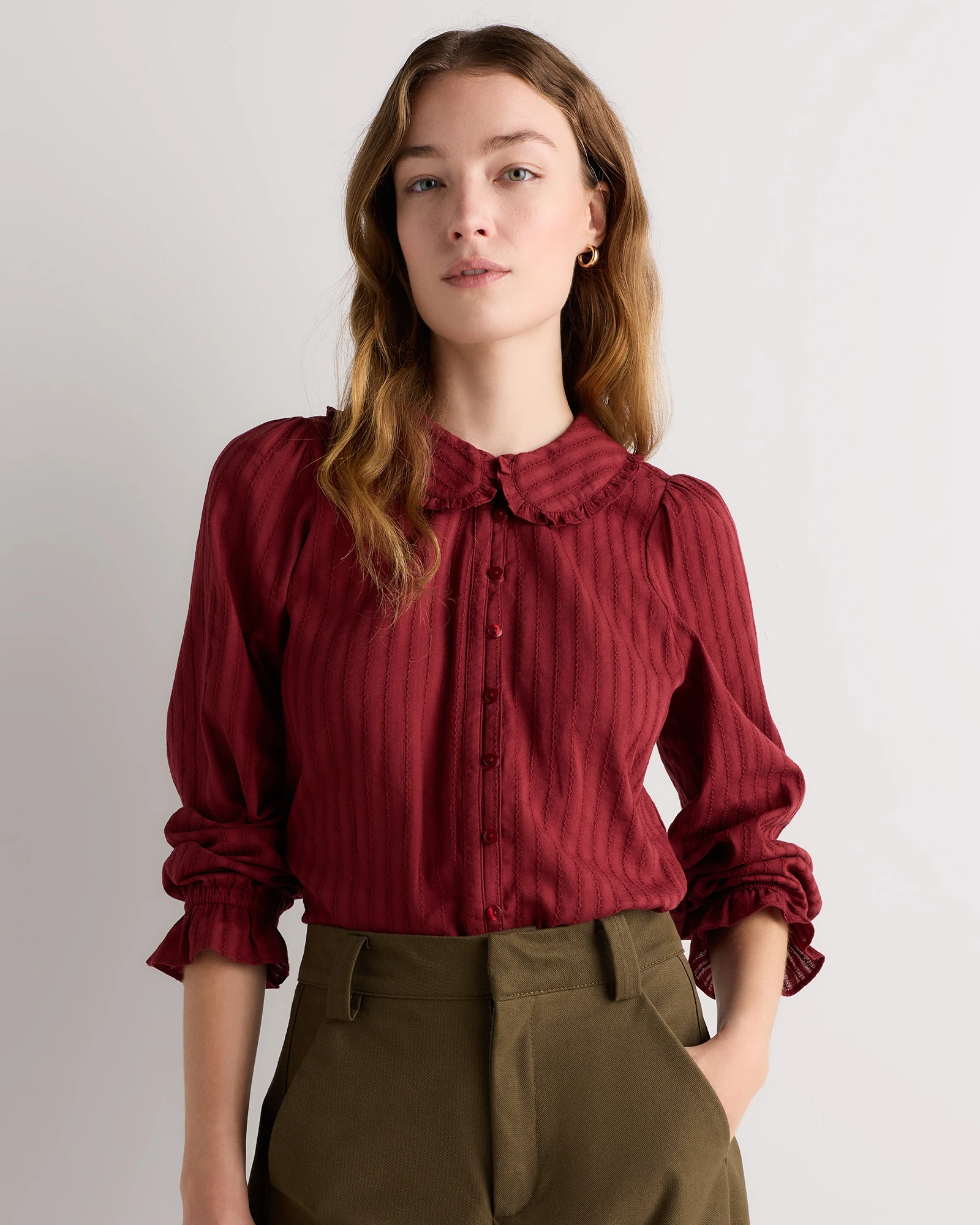 Embroidered Cotton Ruffle Collar Long Sleeve Blouse
