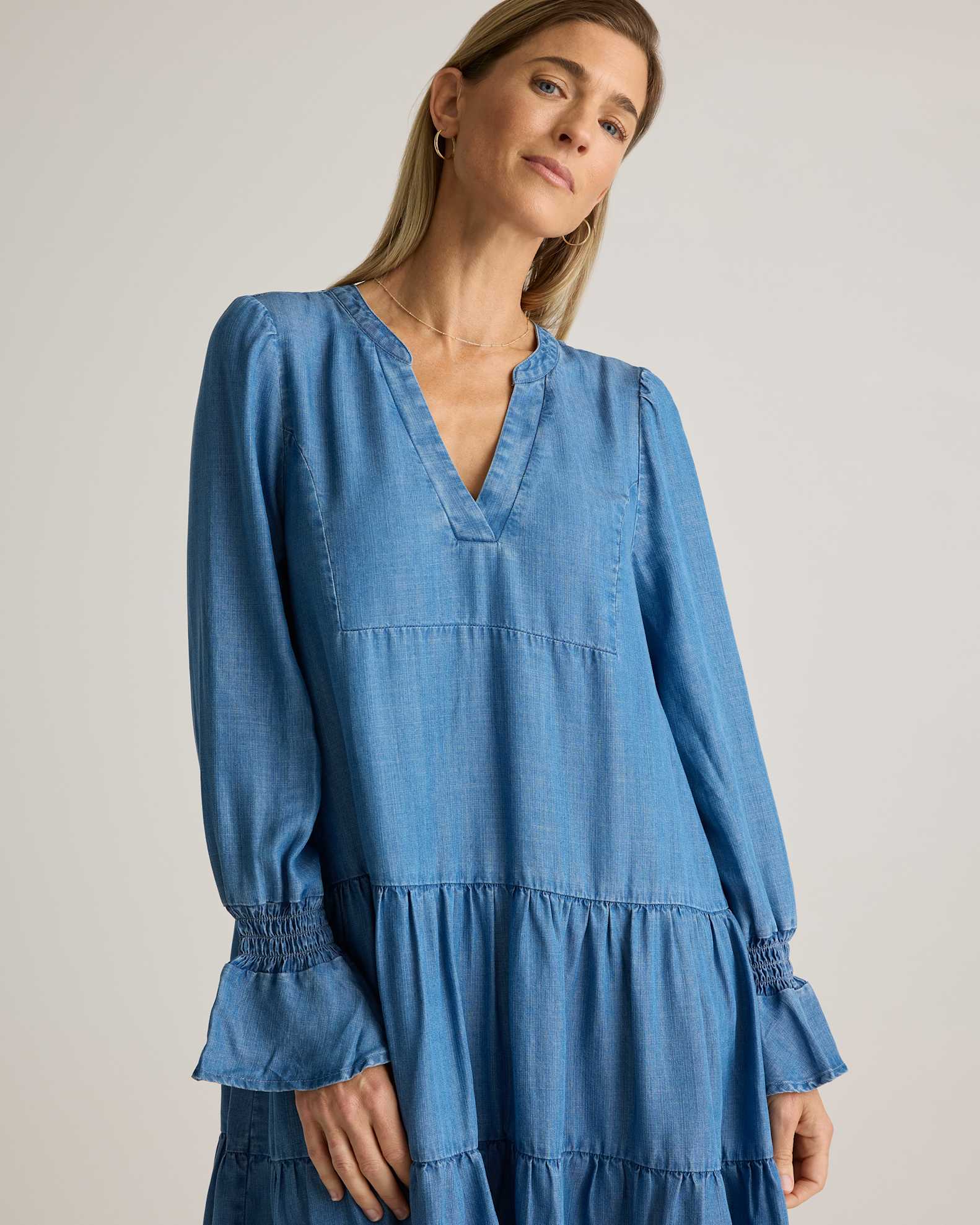 Chambray Tencel Tiered Long Sleeve Mini Dress Chambray Tencel Tiered Long Sleeve Mini Dress