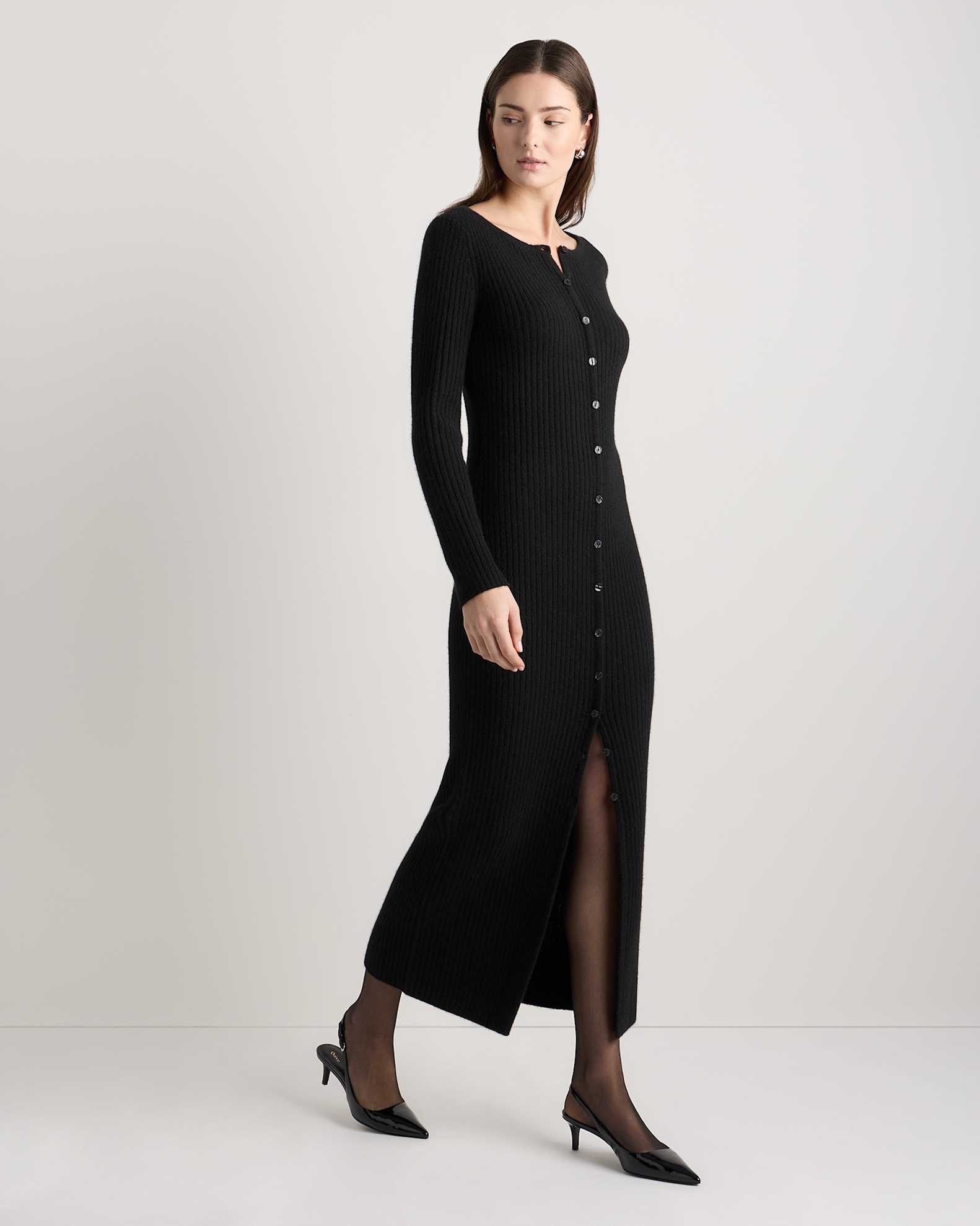 Women's 100% Yak Wool Ribbed Cardigan Sweater Dress in Black, Size Large by Quince Women's 100% Yak Wool Ribbed Cardigan Sweater Dress in Black, Size Large by Quince