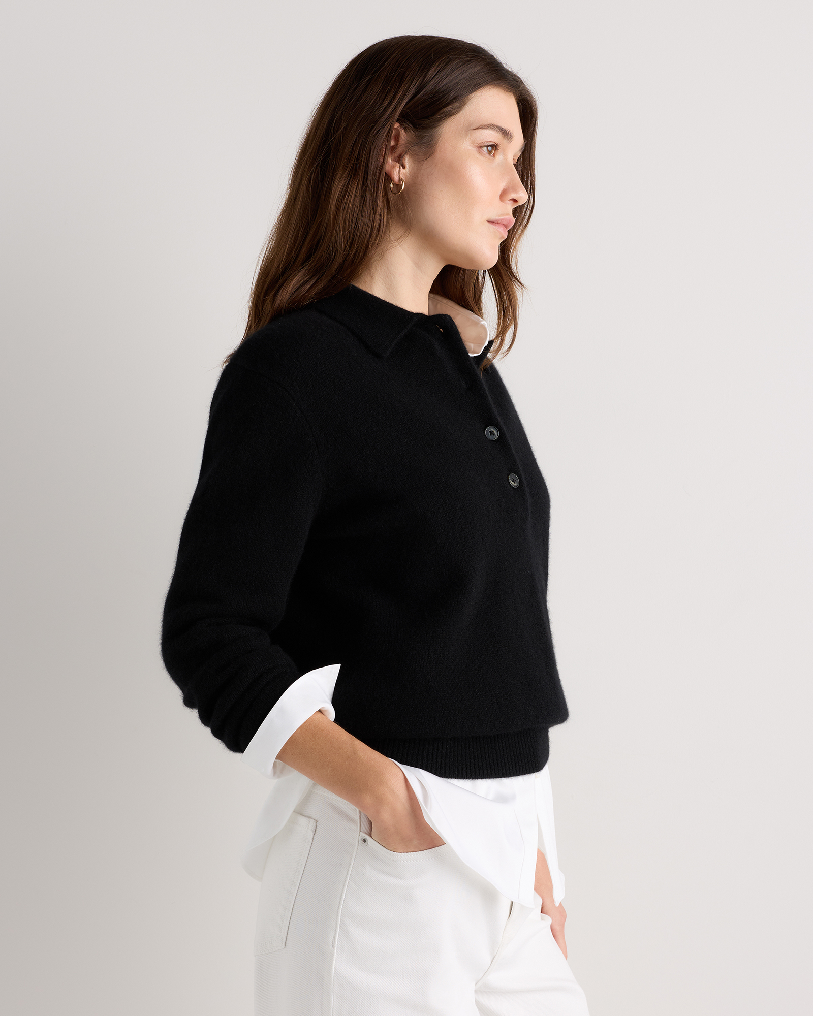 Mongolian Cashmere Button Polo Sweater in Black