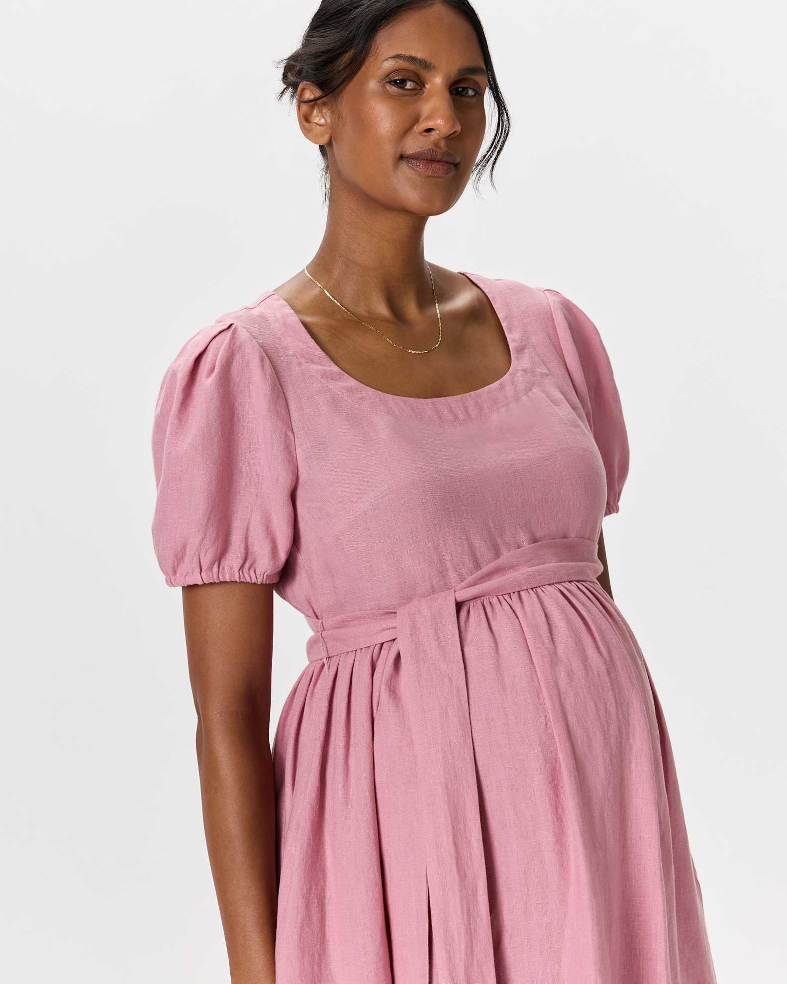 100% European Linen Maternity Short Sleeve Midi Dress in Mauve Mist 100% European Linen Maternity Short Sleeve Midi Dress in Mauve Mist