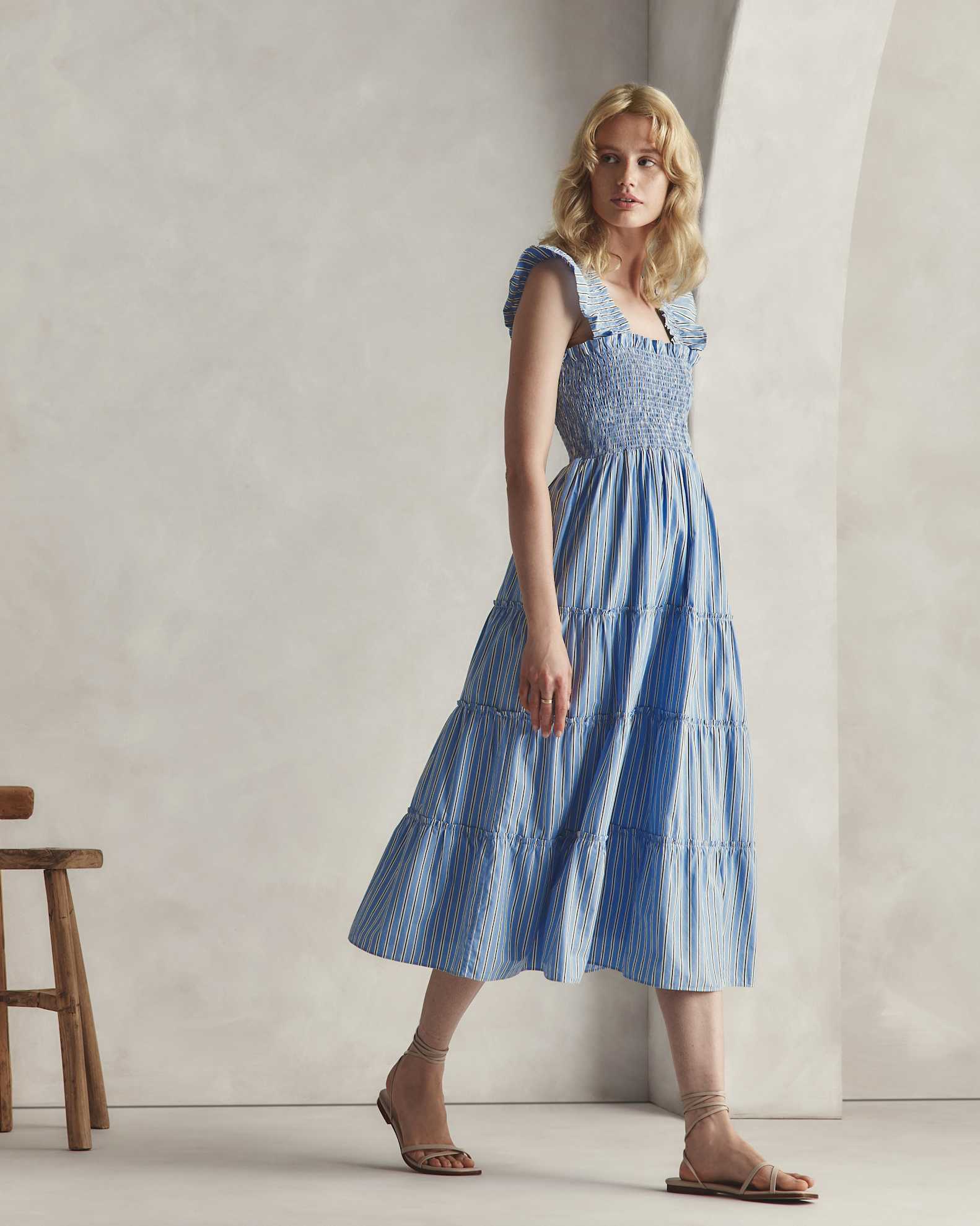 Quince Women's Poplin Smocked Midi Dress, Tribeca Stripe, Size XL - 100% Organic Cotton, Flattering A-Line Cut, Ruffle Detailing Quince Women's Poplin Smocked Midi Dress, Tribeca Stripe, Size XL - 100% Organic Cotton, Flattering A-Line Cut, Ruffle Detailing