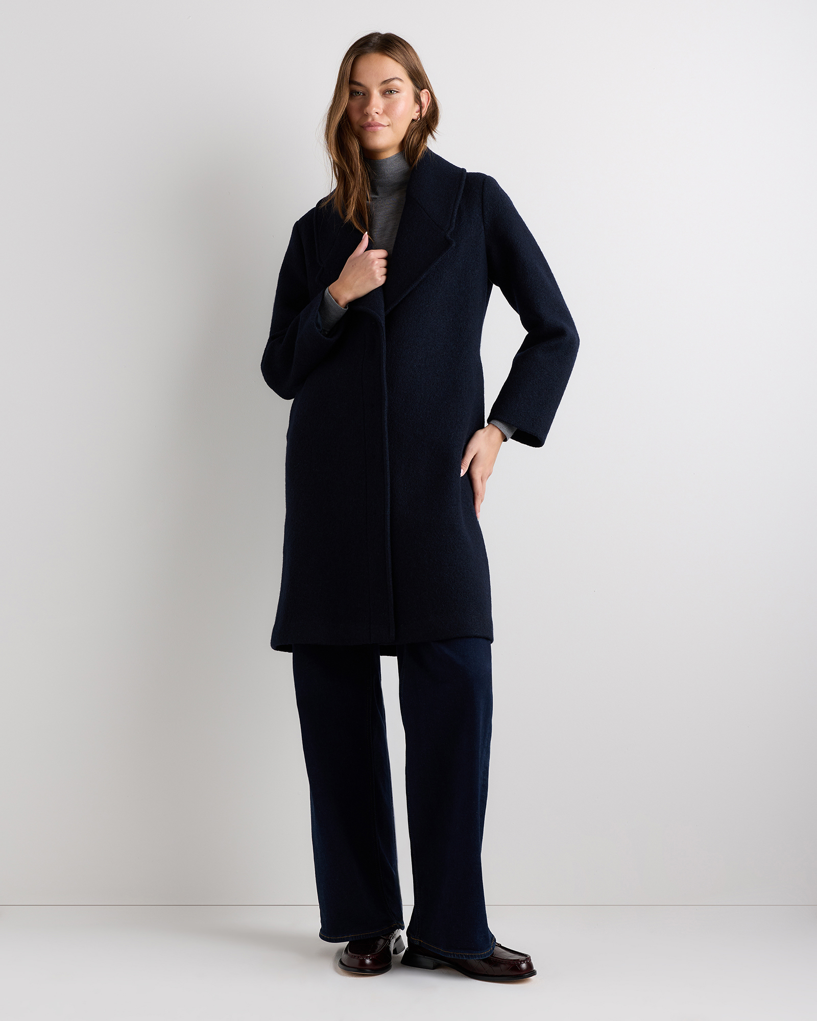 100% Merino Wool Shawl Collar Long Coat in Heather Elm