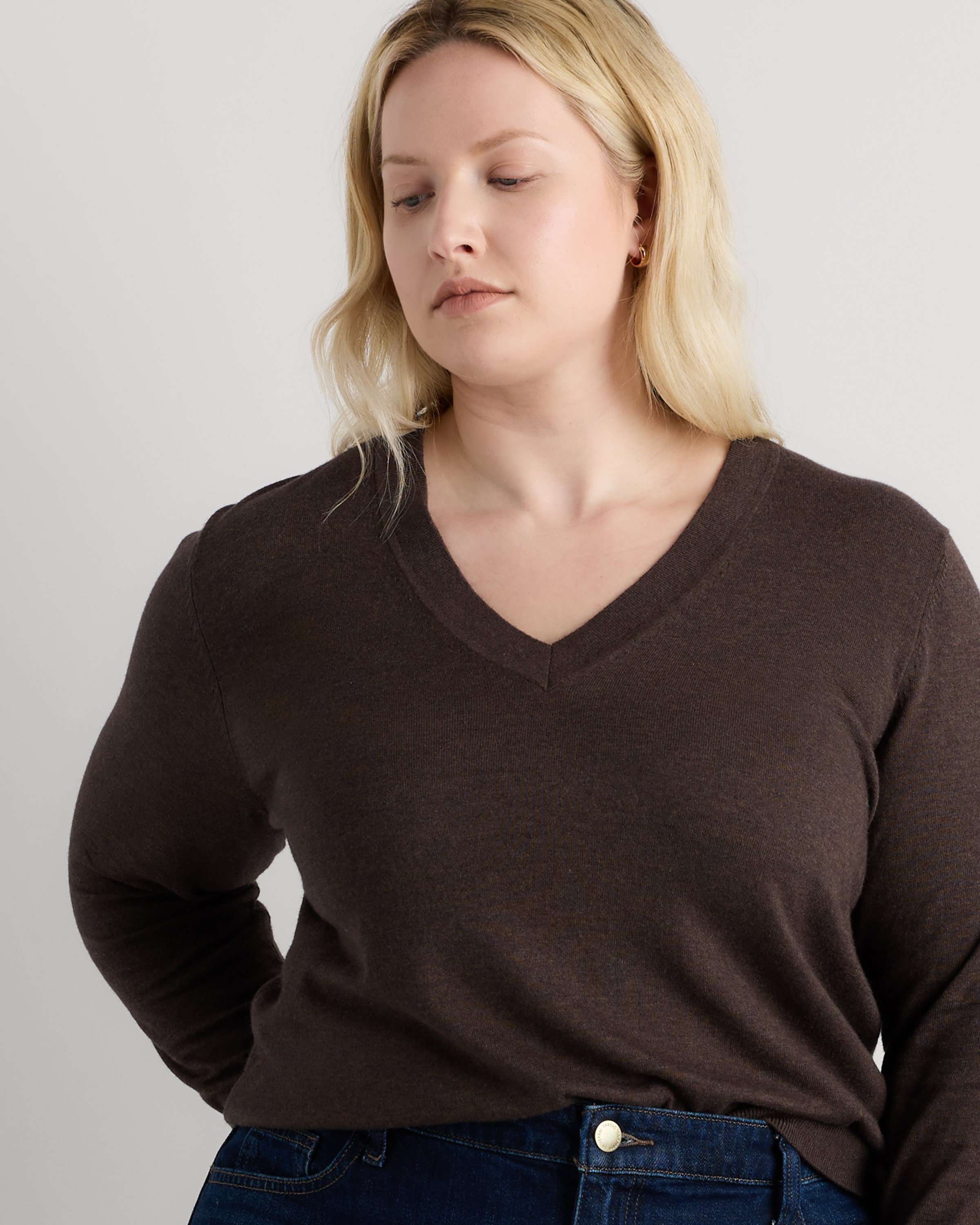 Plus Size Lightweight Cotton Cashmere V-Neck Sweater in Mocha 