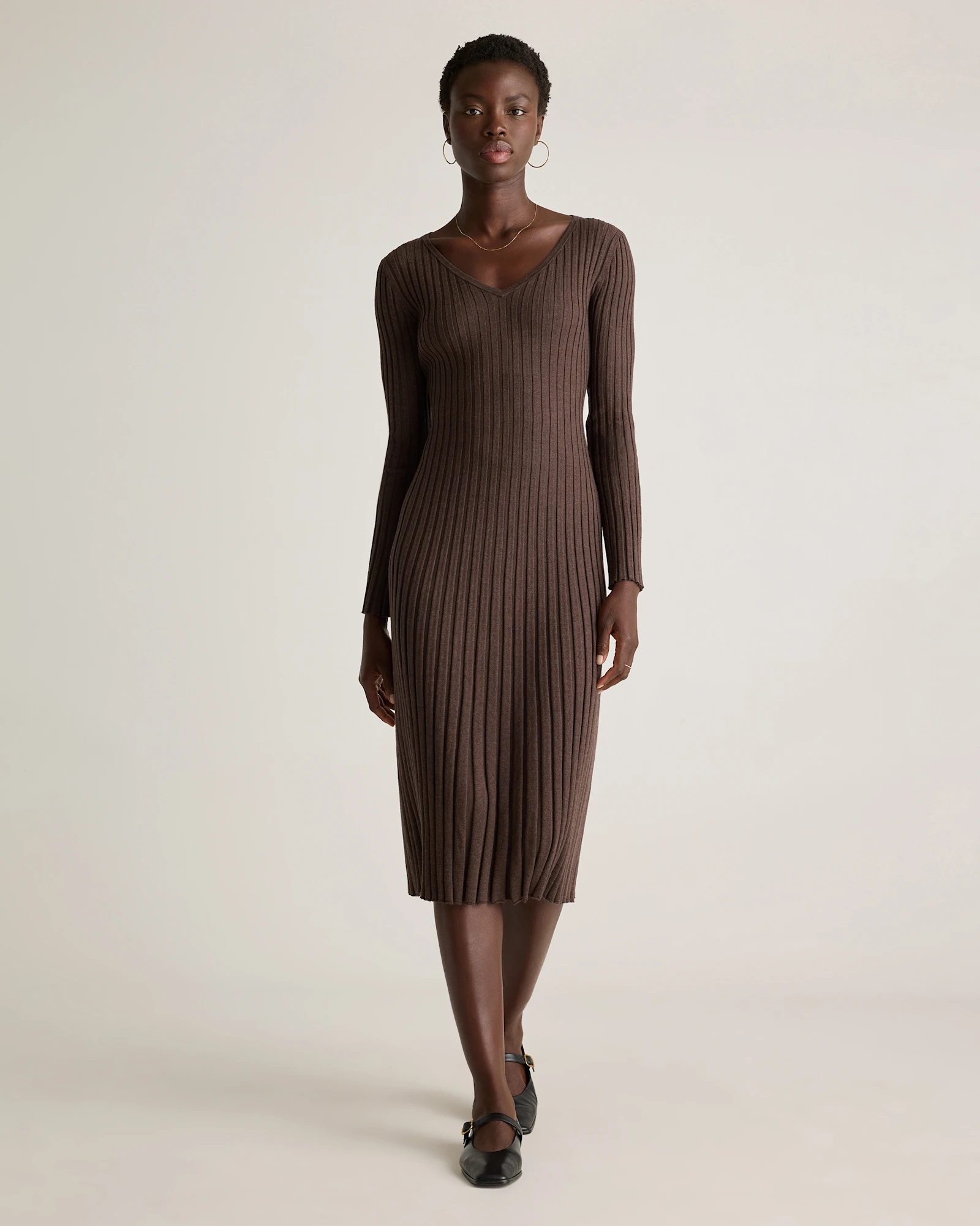 Cotton Cashmere Ribbed Long Sleeve V-Neck Midi Dress