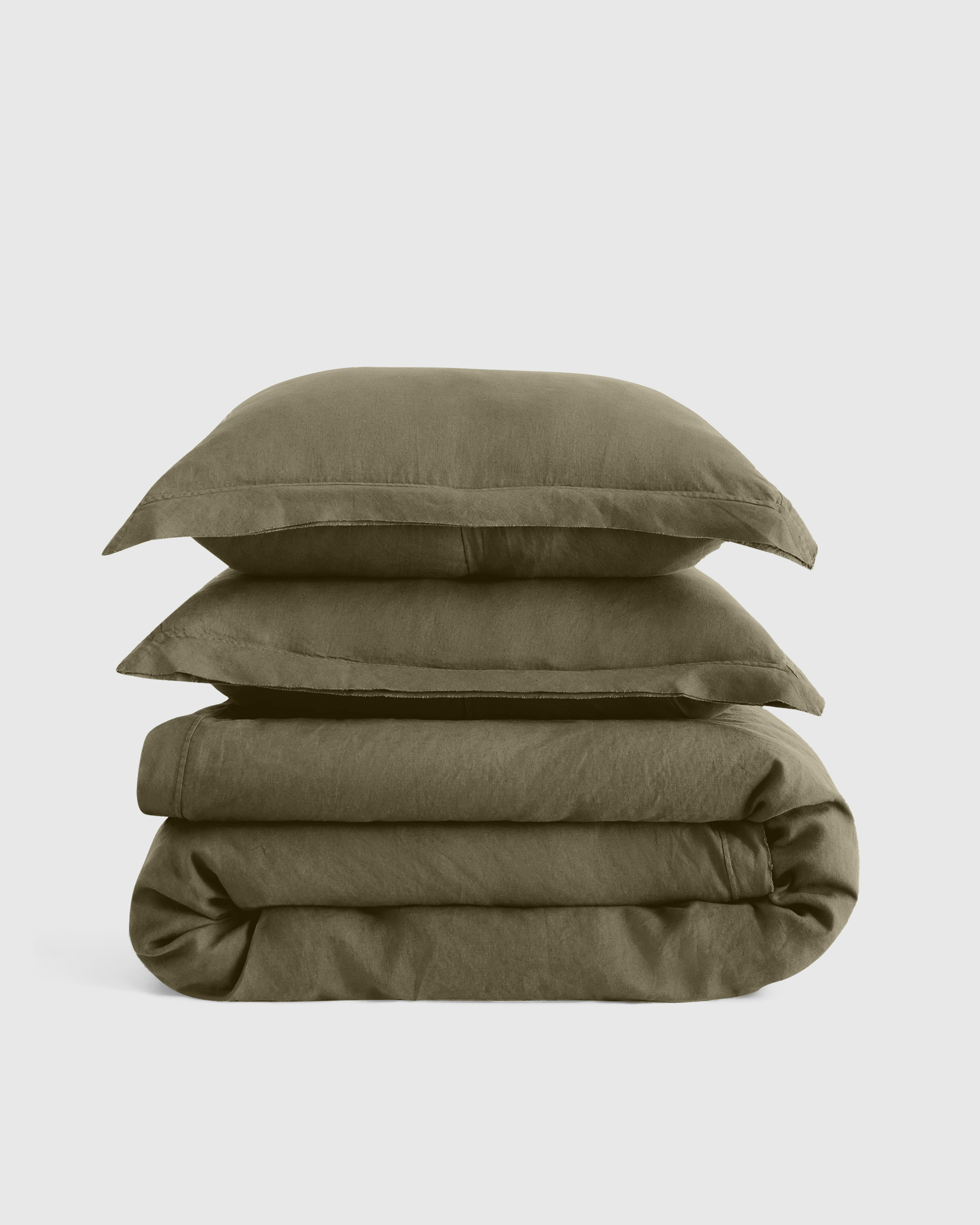 European Linen Double Flange Duvet Cover Set, Dusty Olive,Full/Queen