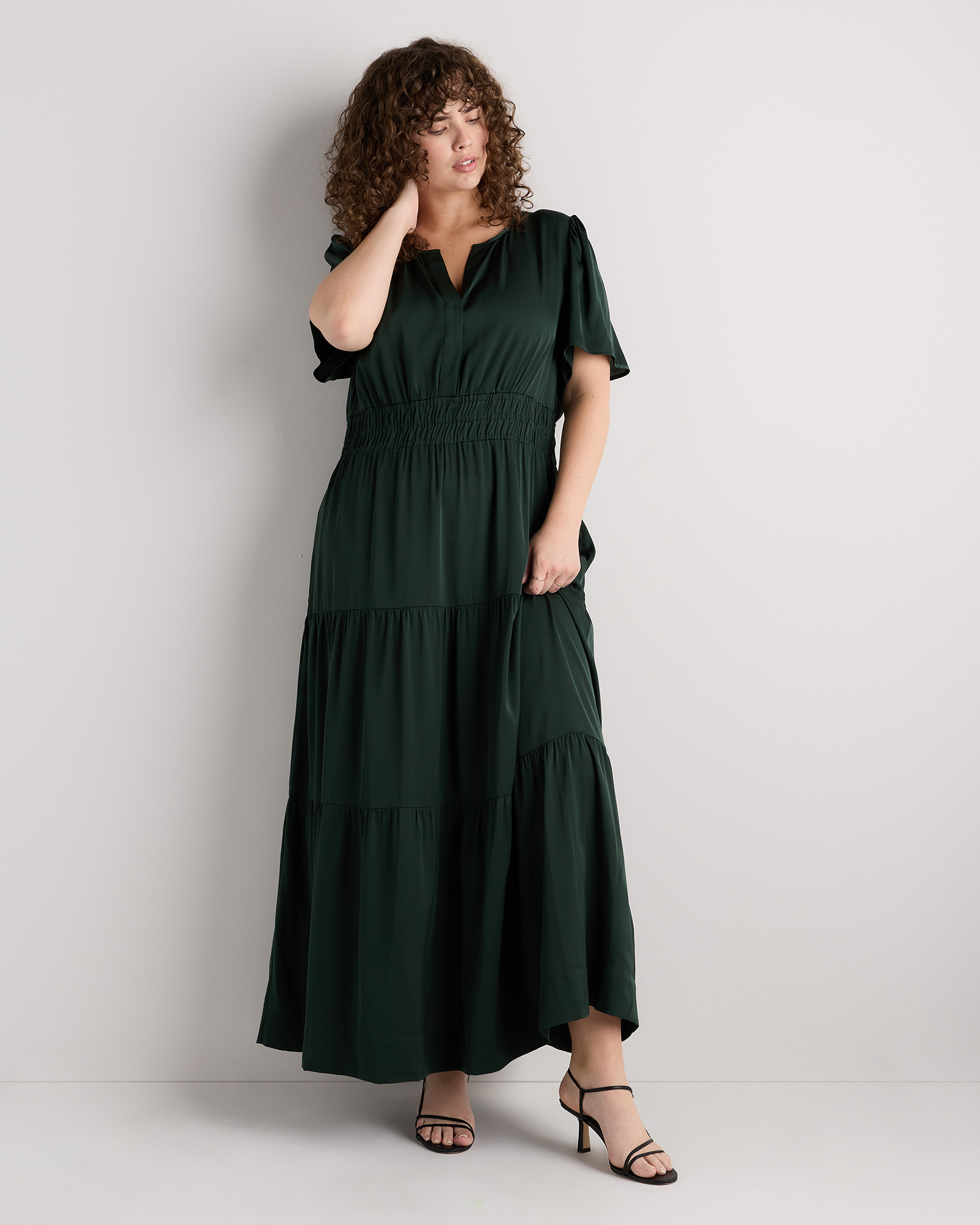 Forest Green Washable Stretch Silk Tiered Maxi Dress