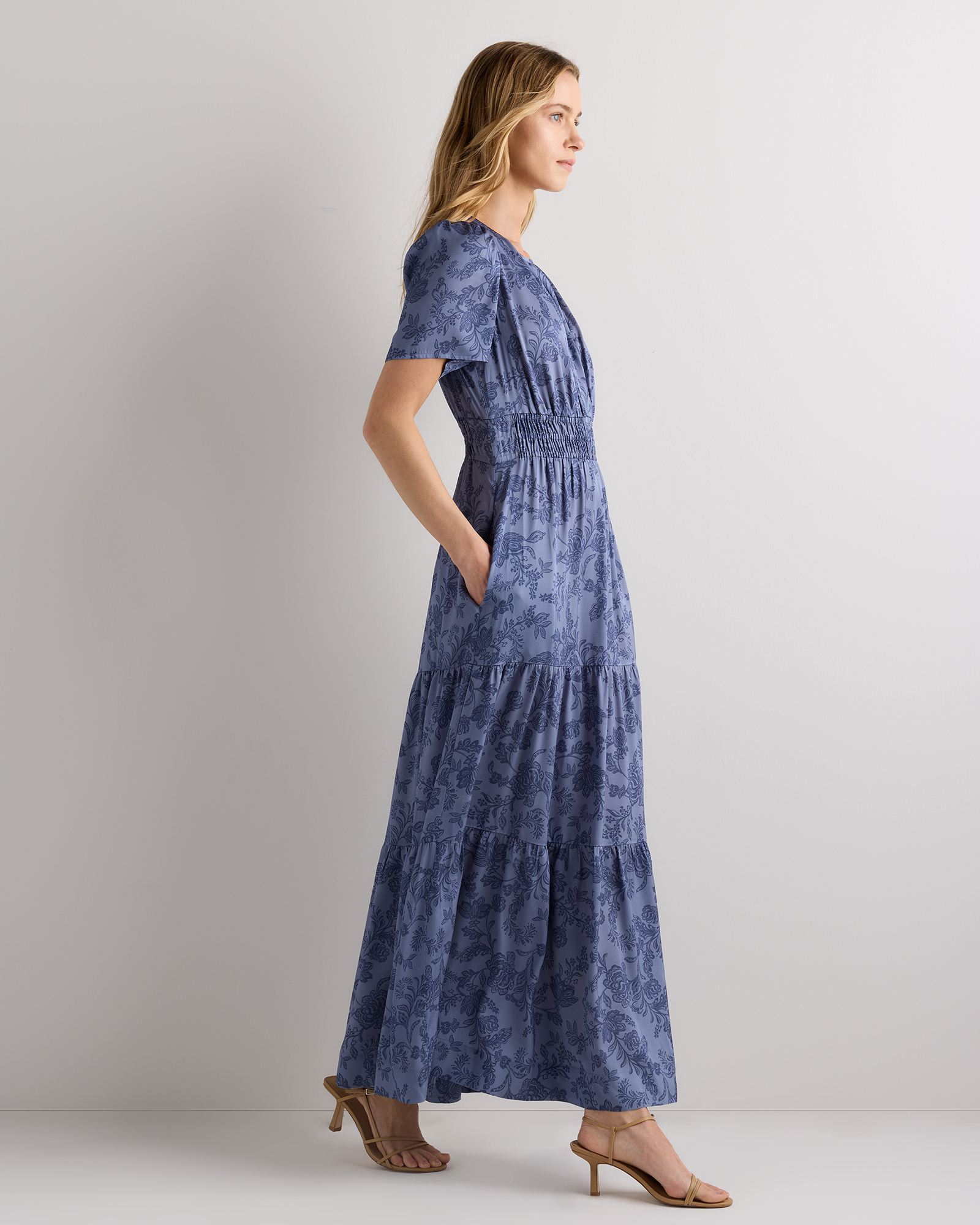 silk tiered maxi dress Washable Stretch Silk Tiered Maxi Dress in Moonstone Blue Heirloom Floral