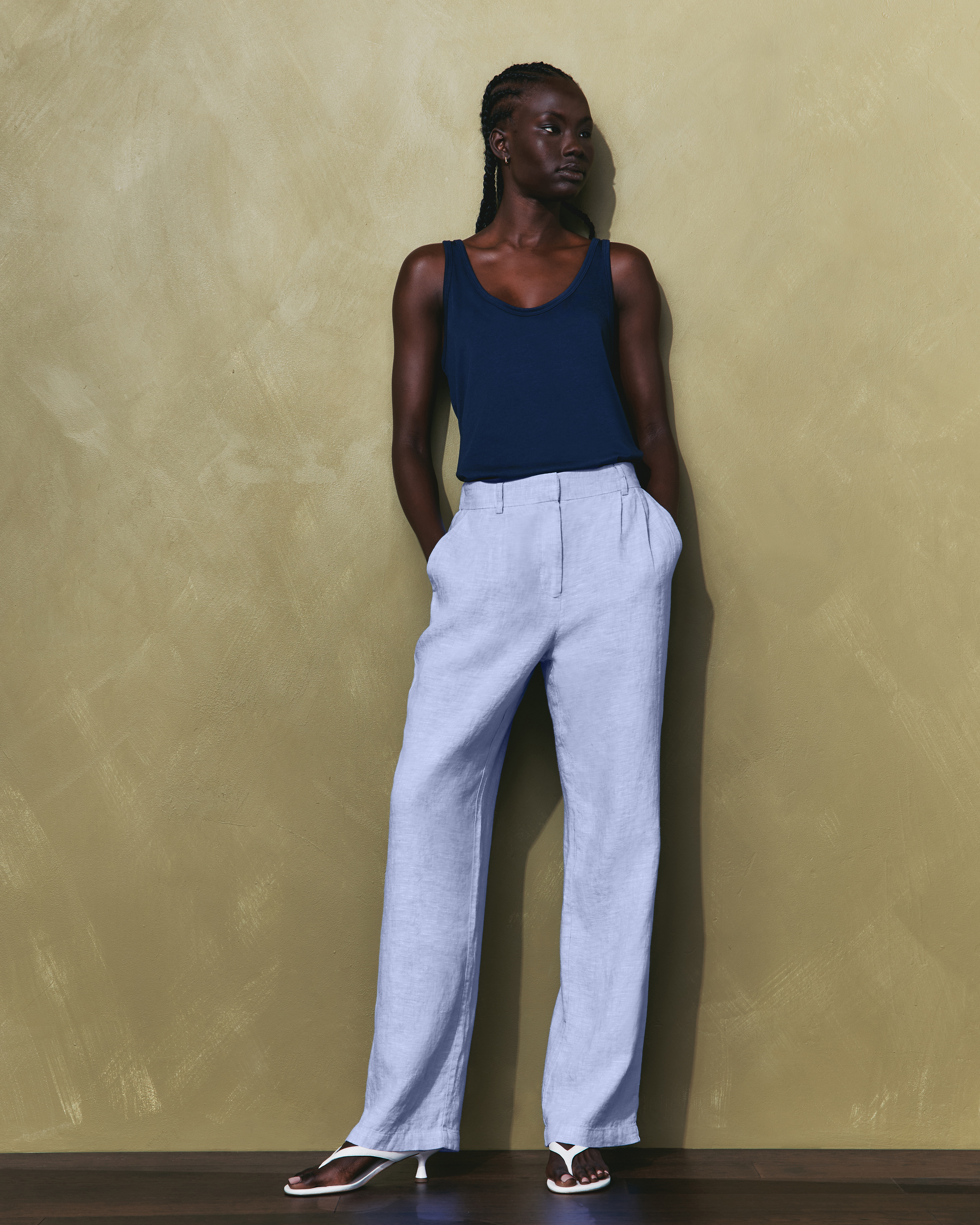 French Blue 100% European Linen Pleated Trouser