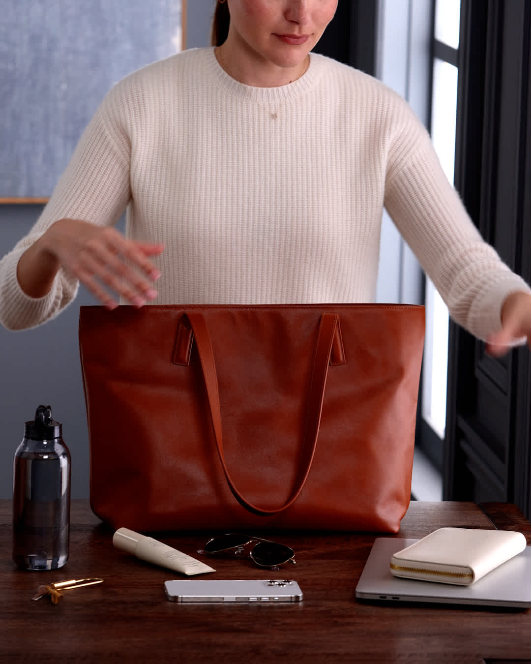 Italian Leather Triple Compartment Shopper Tote