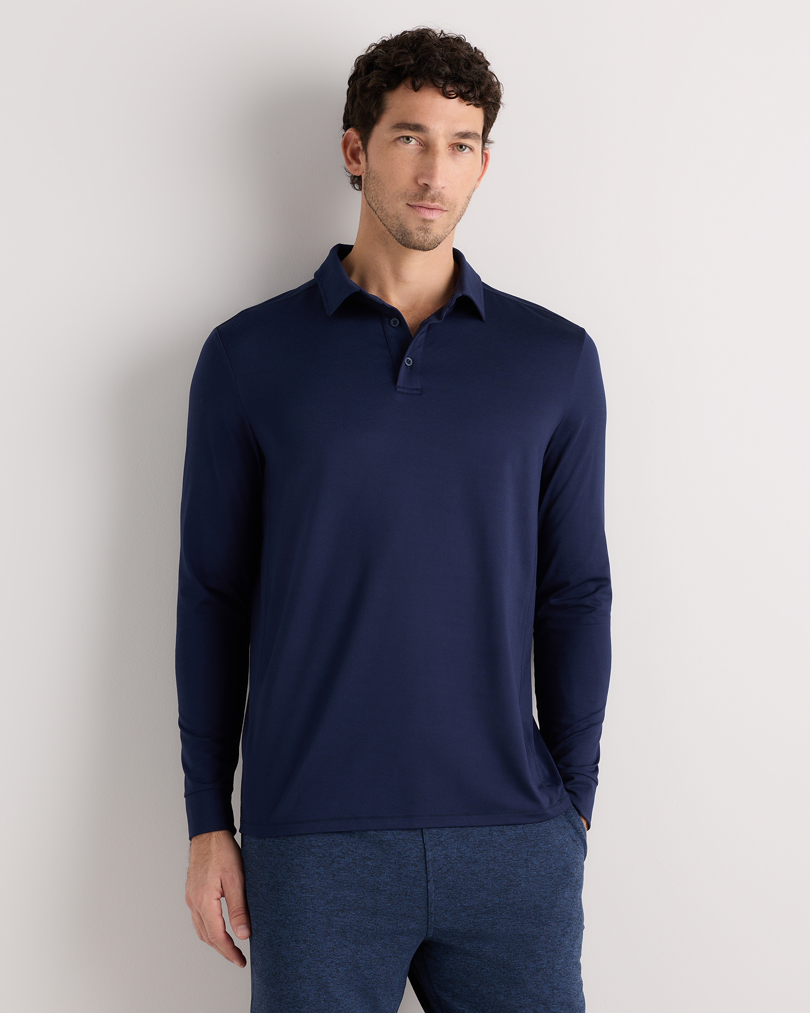 Solid Deep Navy Flowknit Breeze Performance Long Sleeve Polo