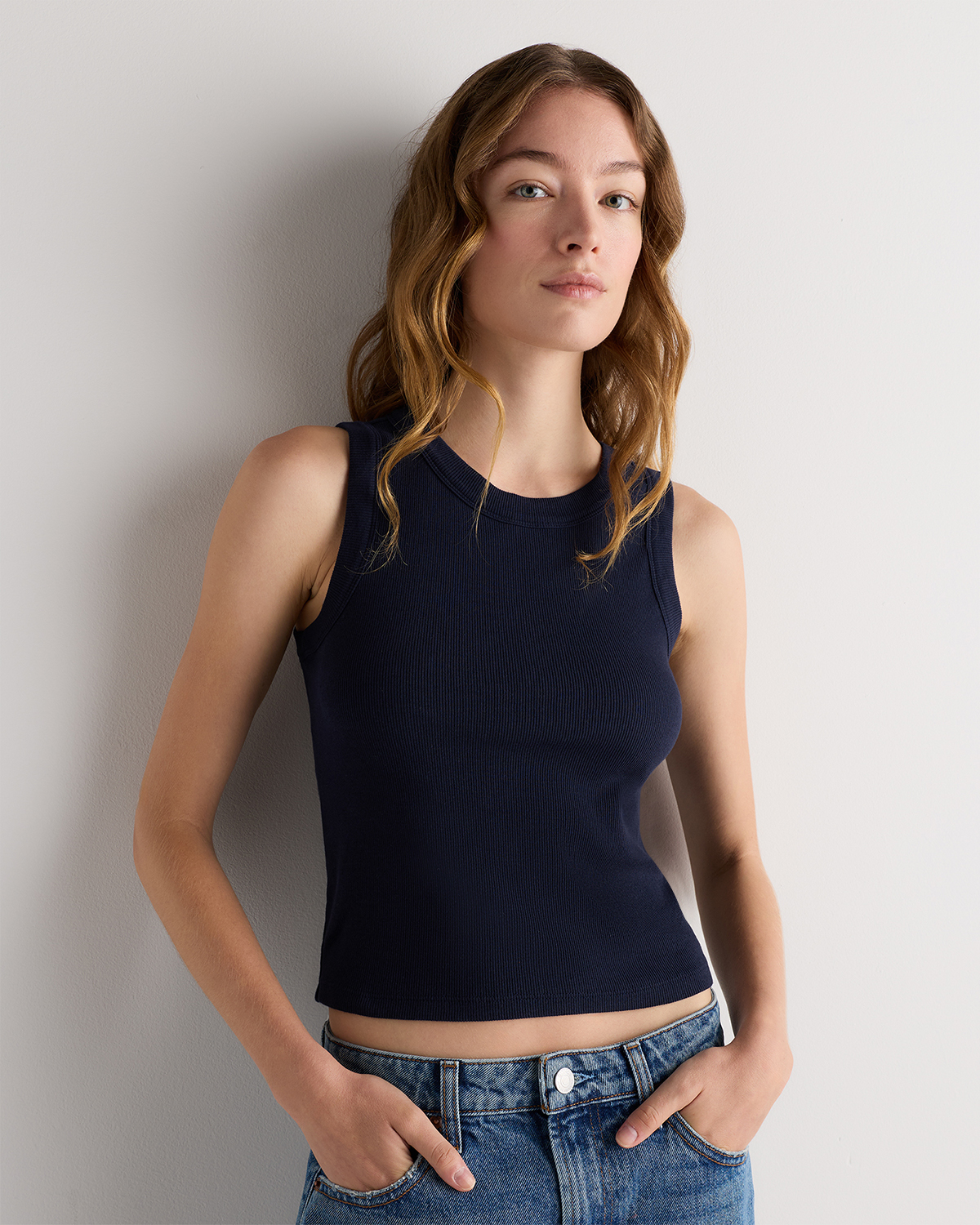 Quince | Women's Micro-Rib Cropped Cutaway Tank Top in Deep Navy, Size Medium, Organic Cotton