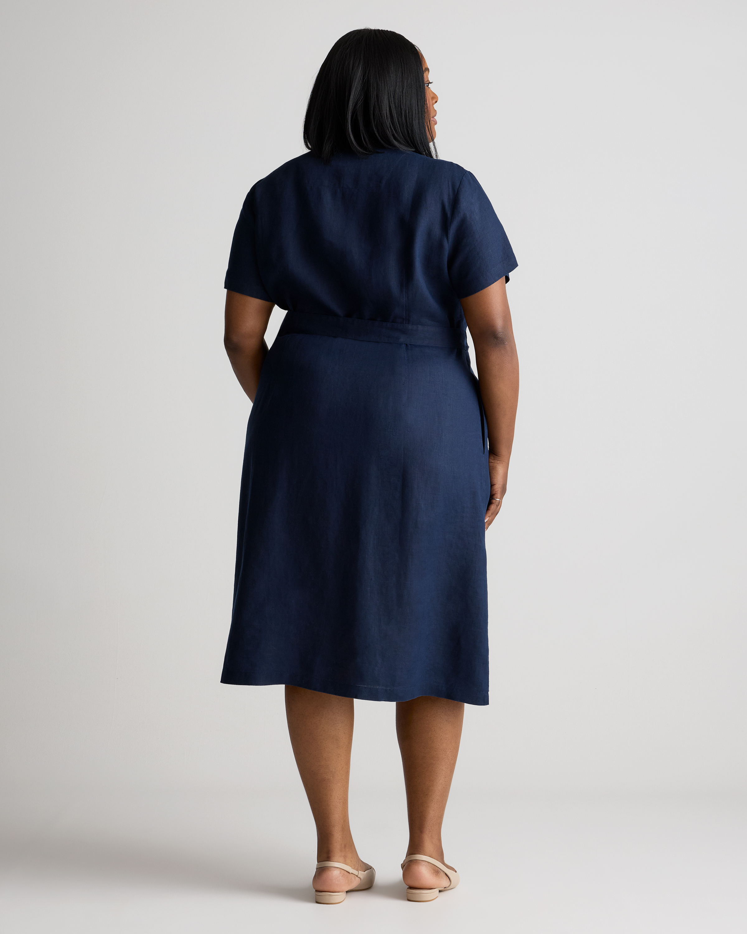Extended Sizes 100% European Linen Button Front Dress - Plus Size in Deep  Navy