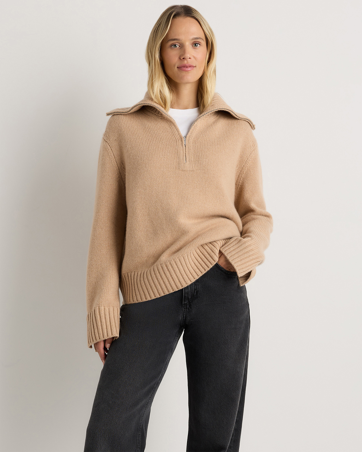 Creamy Cortado Luxe Baby Cashmere Quarter Zip Sweater