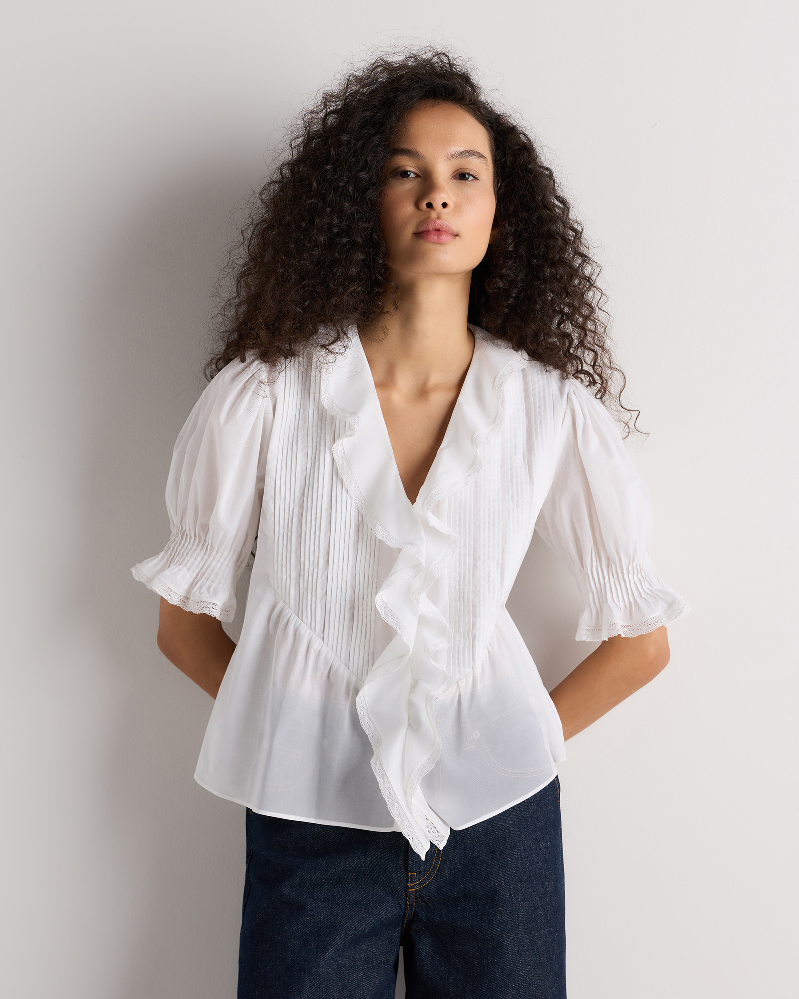 Classic White Organic Cotton Voile Short Sleeve Peasant Blouse