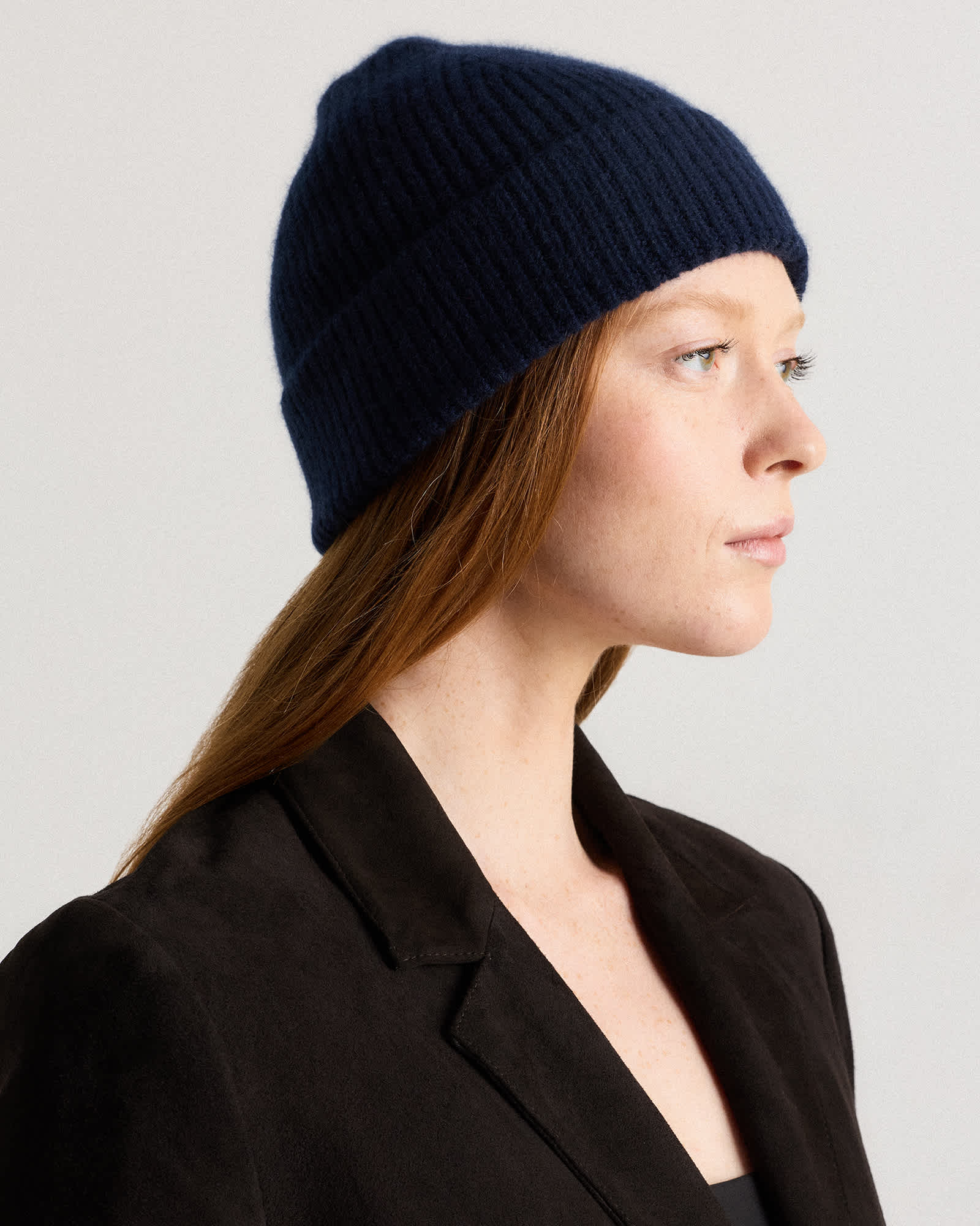 True Navy Mongolian Cashmere Ribbed Beanie