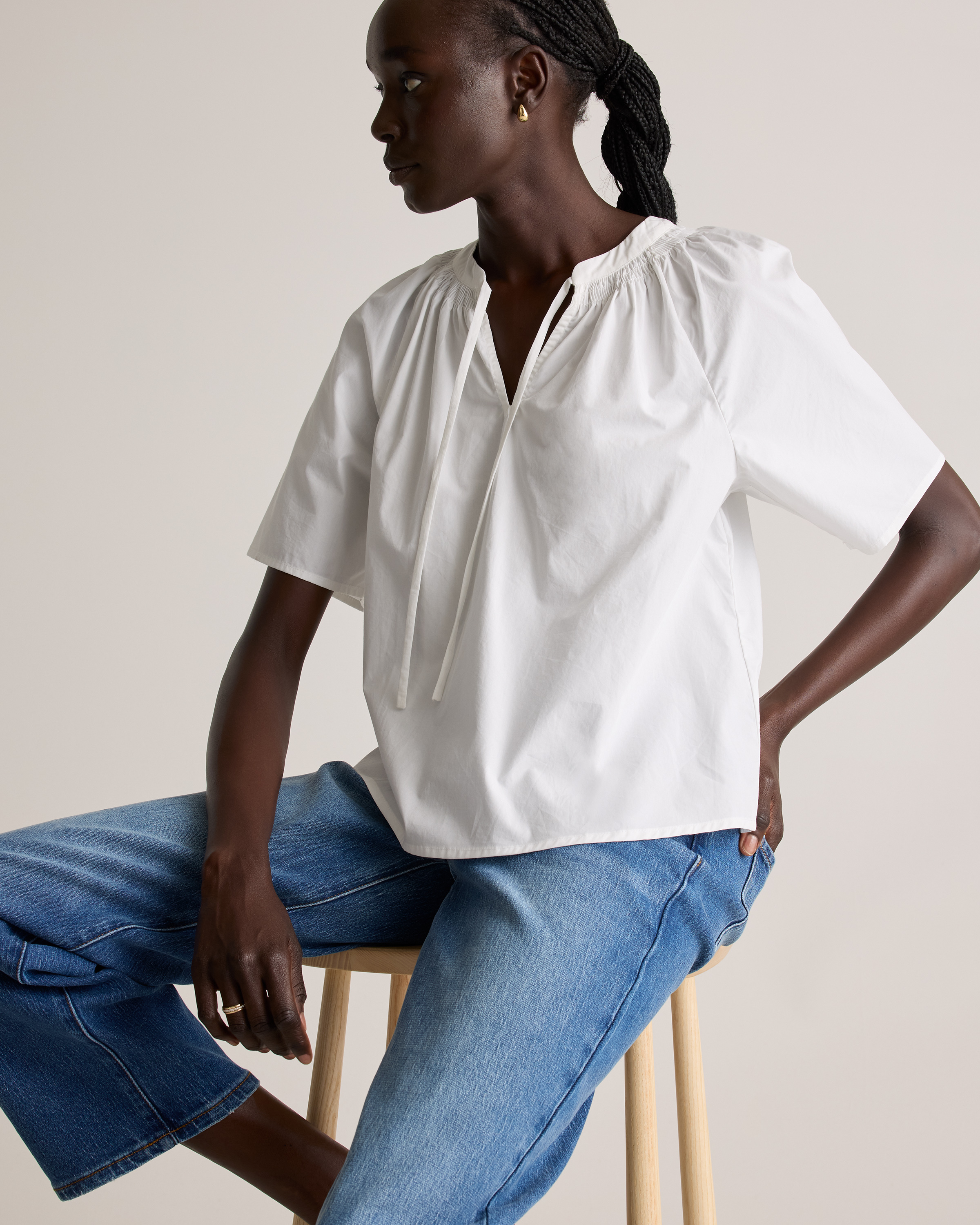100% Organic Cotton Poplin Split Neck Top in Classic White