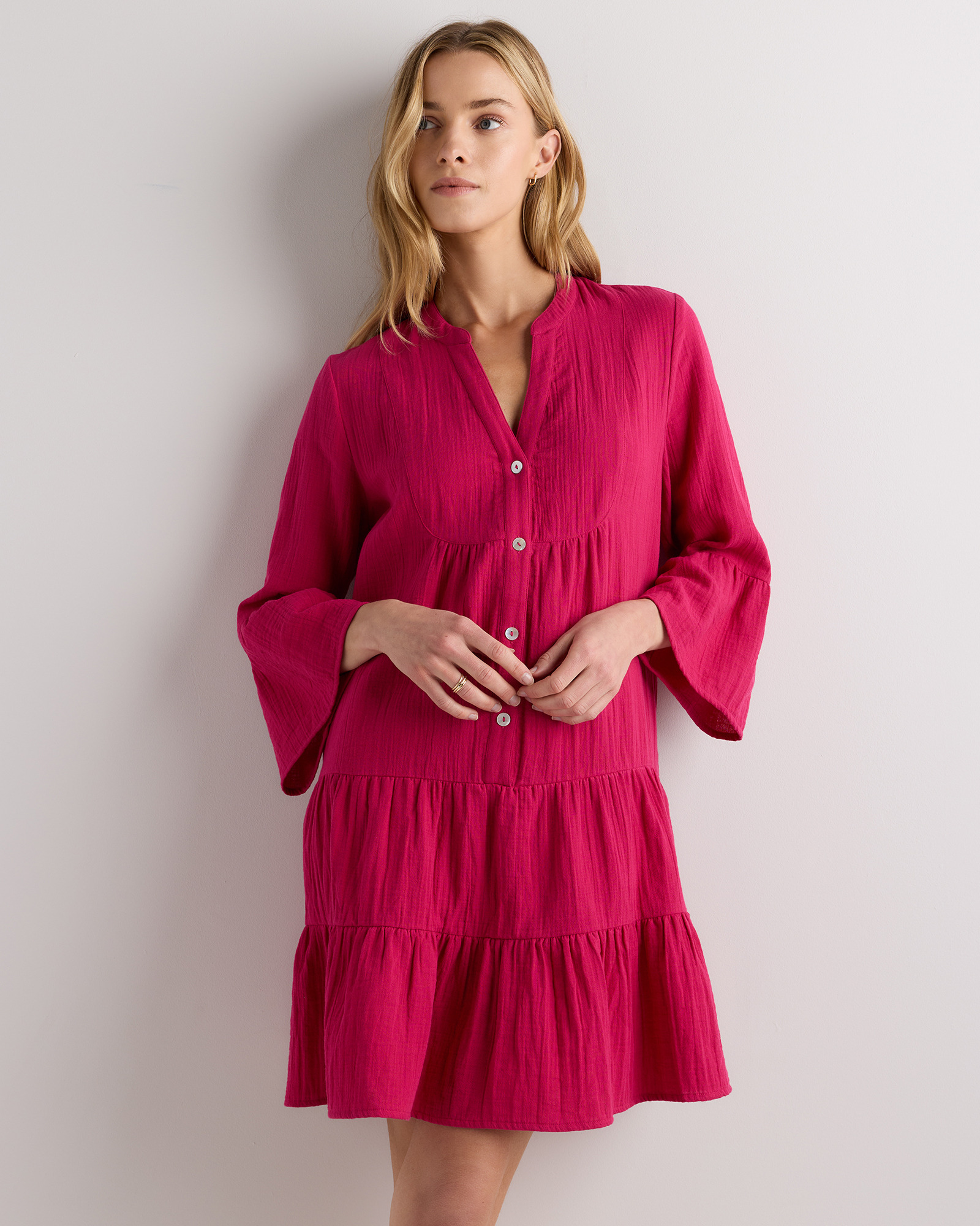Amaranth Pink 100% Organic Cotton Gauze Long Sleeve Tiered Mini Dress