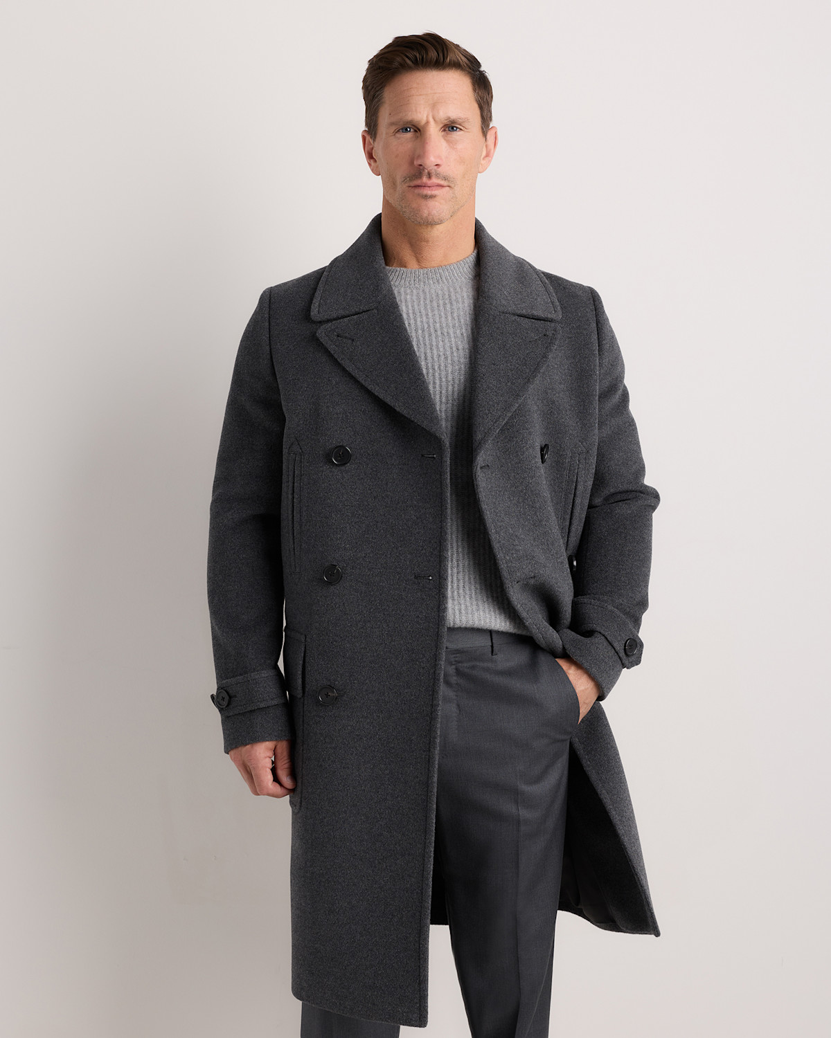 Quince Wool Cashmere Double-Breasted Officer Topcoat in Heather Charcoal