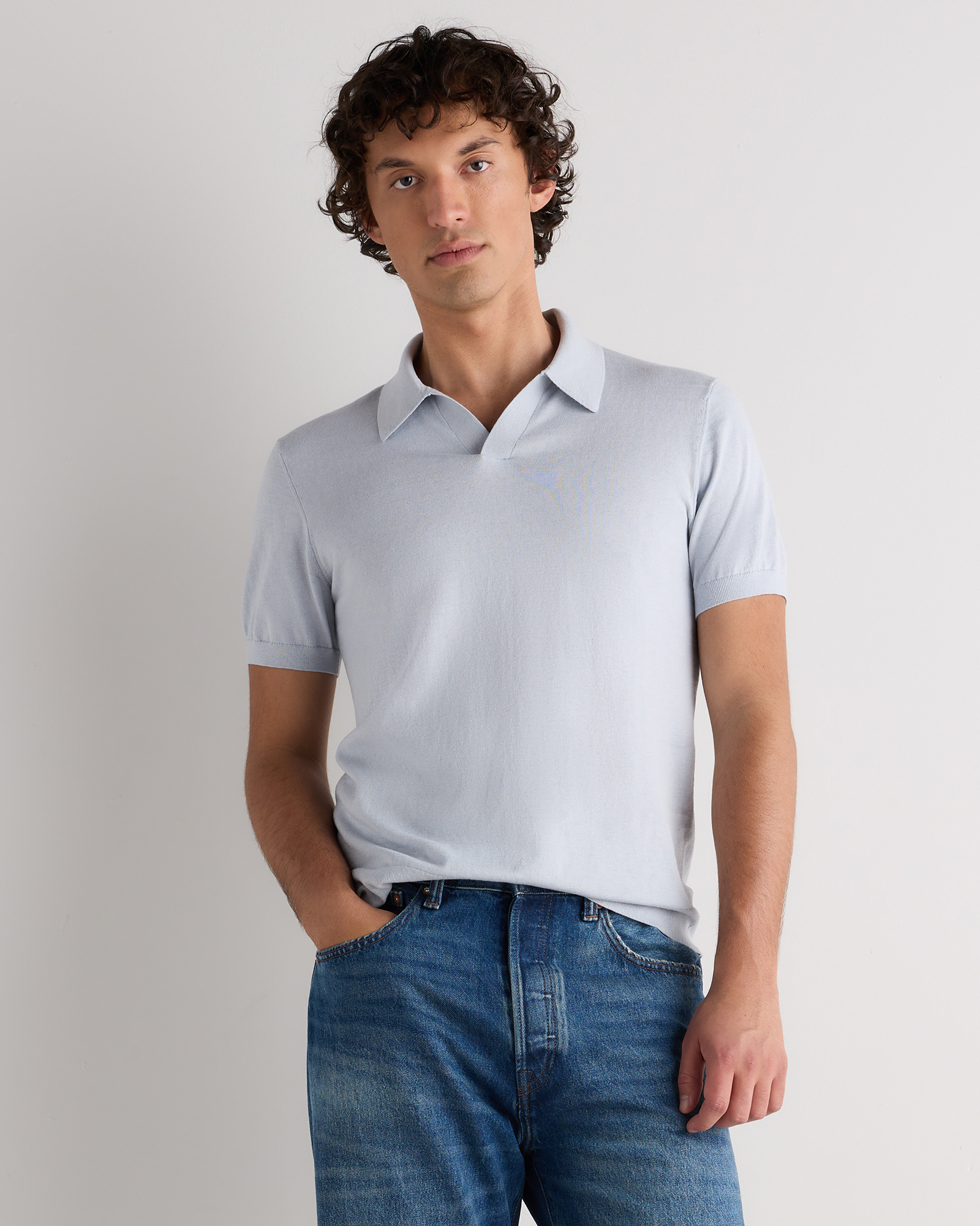 Silver Dawn Blue Cotton-Silk Johnny Collar Polo