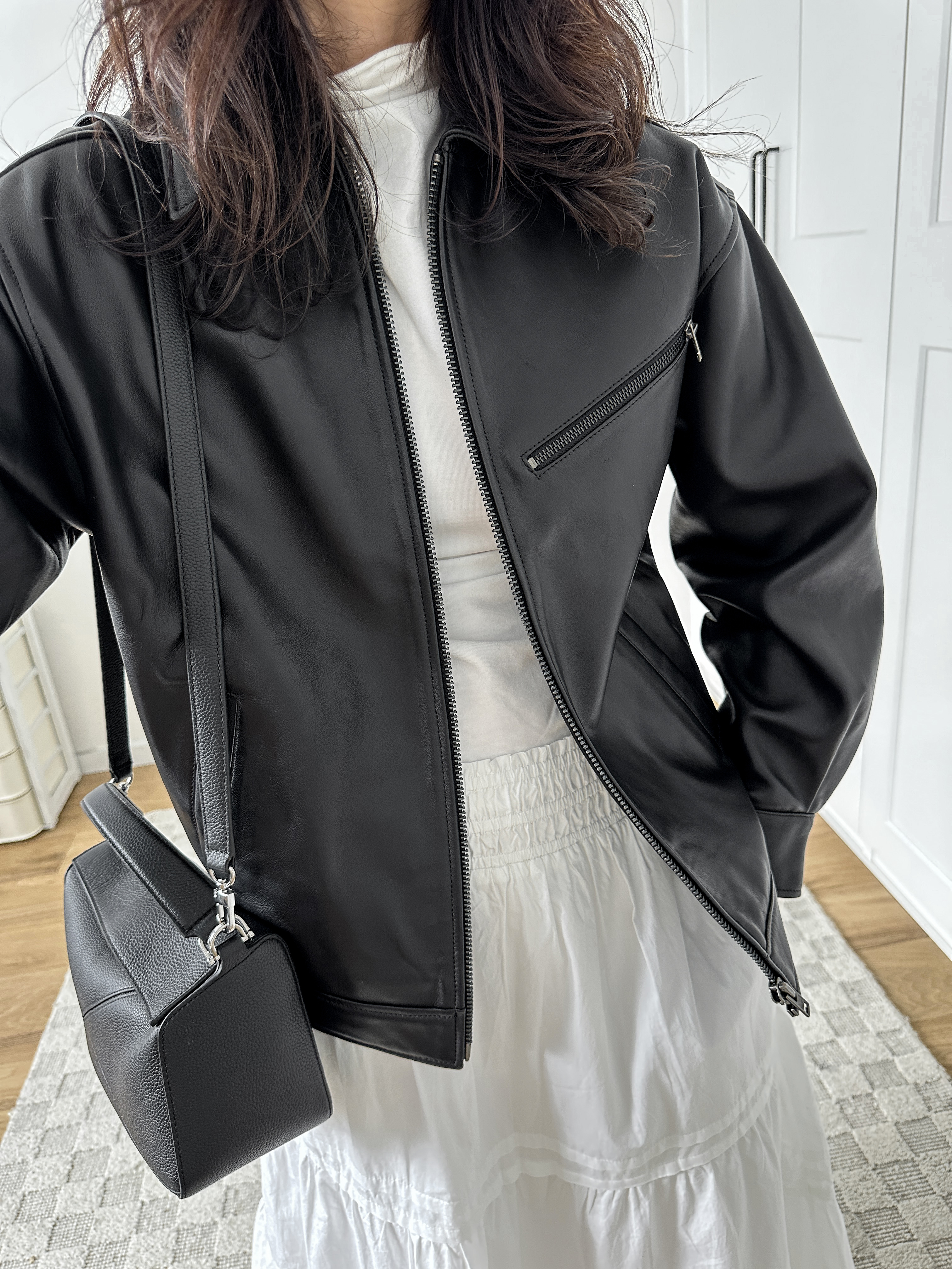 True Black 100% Leather Oversized Bomber Jacket