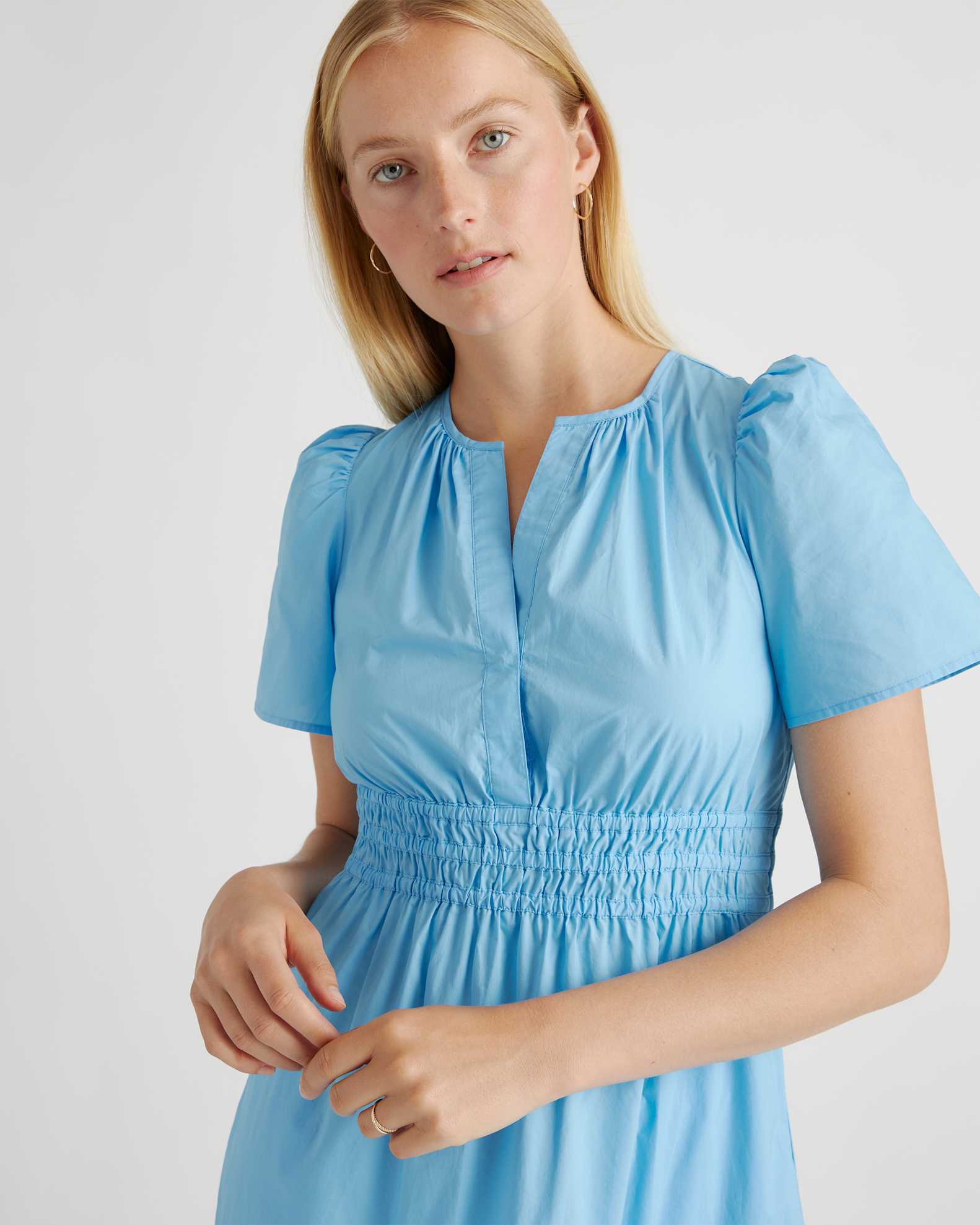 Quince Women's Poplin Tiered Maxi Dress, Medium Size in Cornflower Blue, 100% Organic Cotton with V-Neck & Short Sleeves Quince Women's Poplin Tiered Maxi Dress, Medium Size in Cornflower Blue, 100% Organic Cotton with V-Neck & Short Sleeves