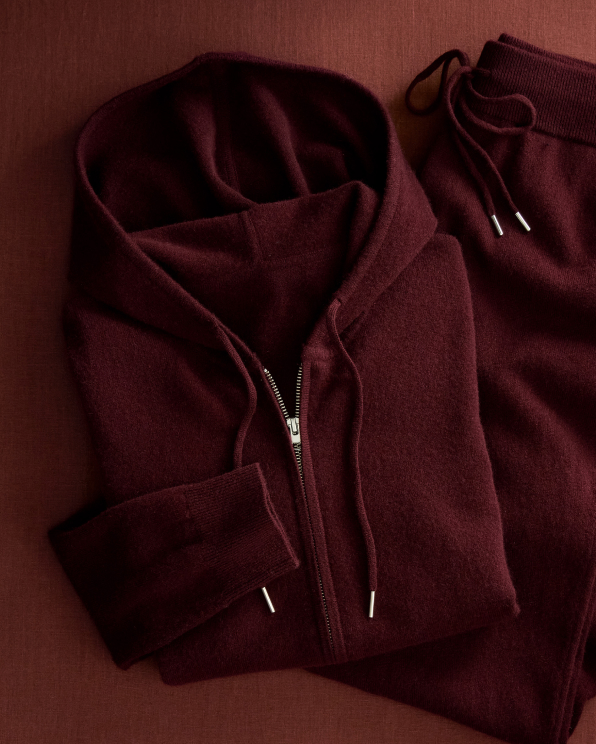 Rich Burgundy Mongolian Cashmere Full-Zip Hoodie