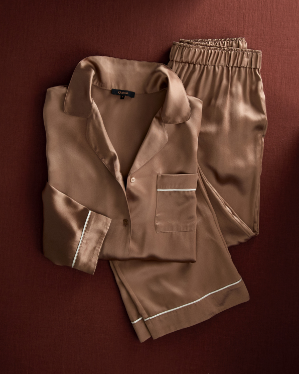 Toasted Almond 100% Washable Silk Satin Pajama Long Sleeve Top