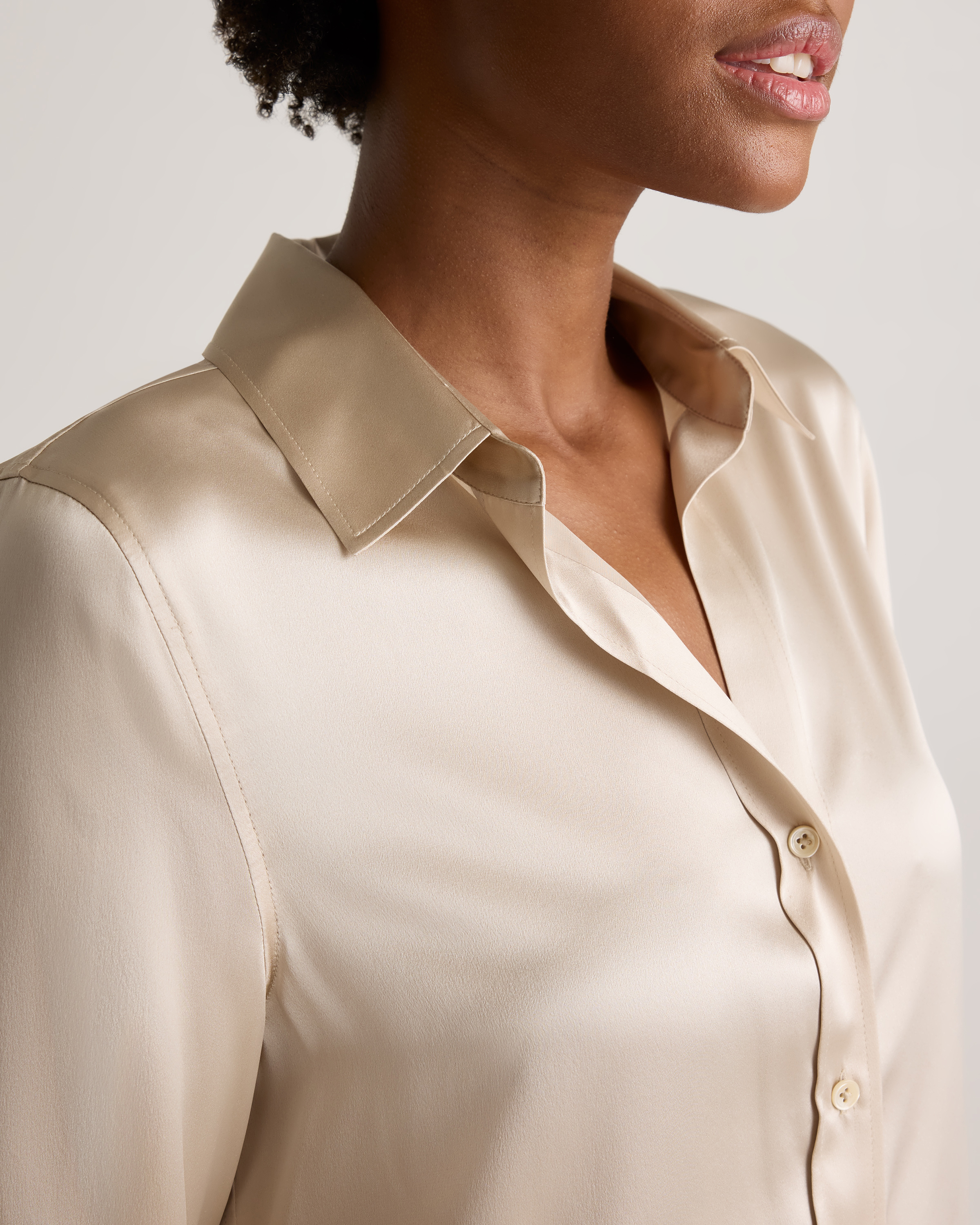 100% Washable Silk Three-Quarter Sleeve Shirt in Champagne