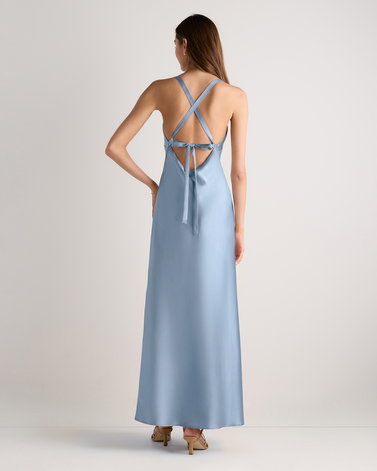 Bianca Stretch Satin Dress in Dusty Steel Blue