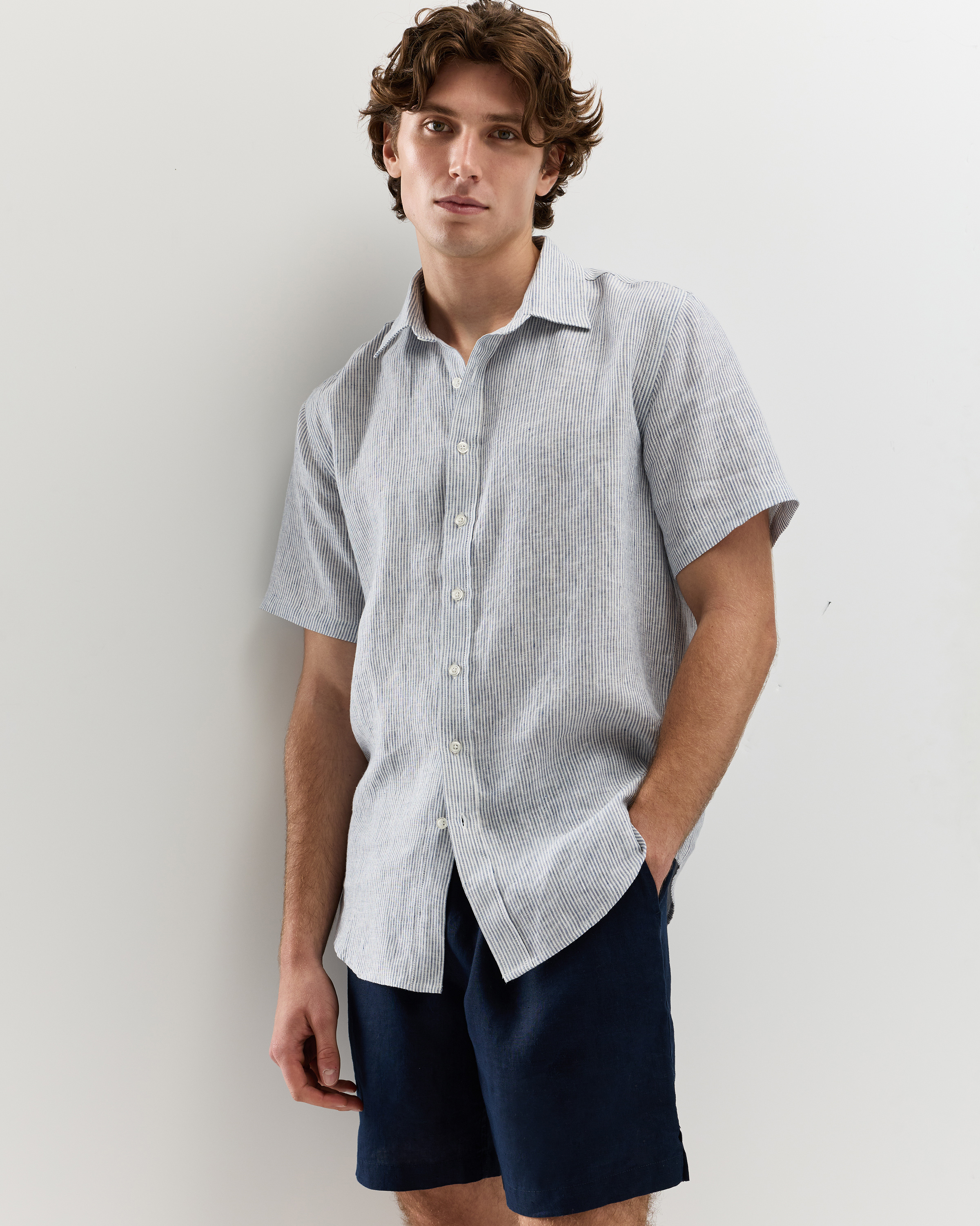 100% European Linen Relaxed Short Sleeve Shirt in Blue Pinstripe