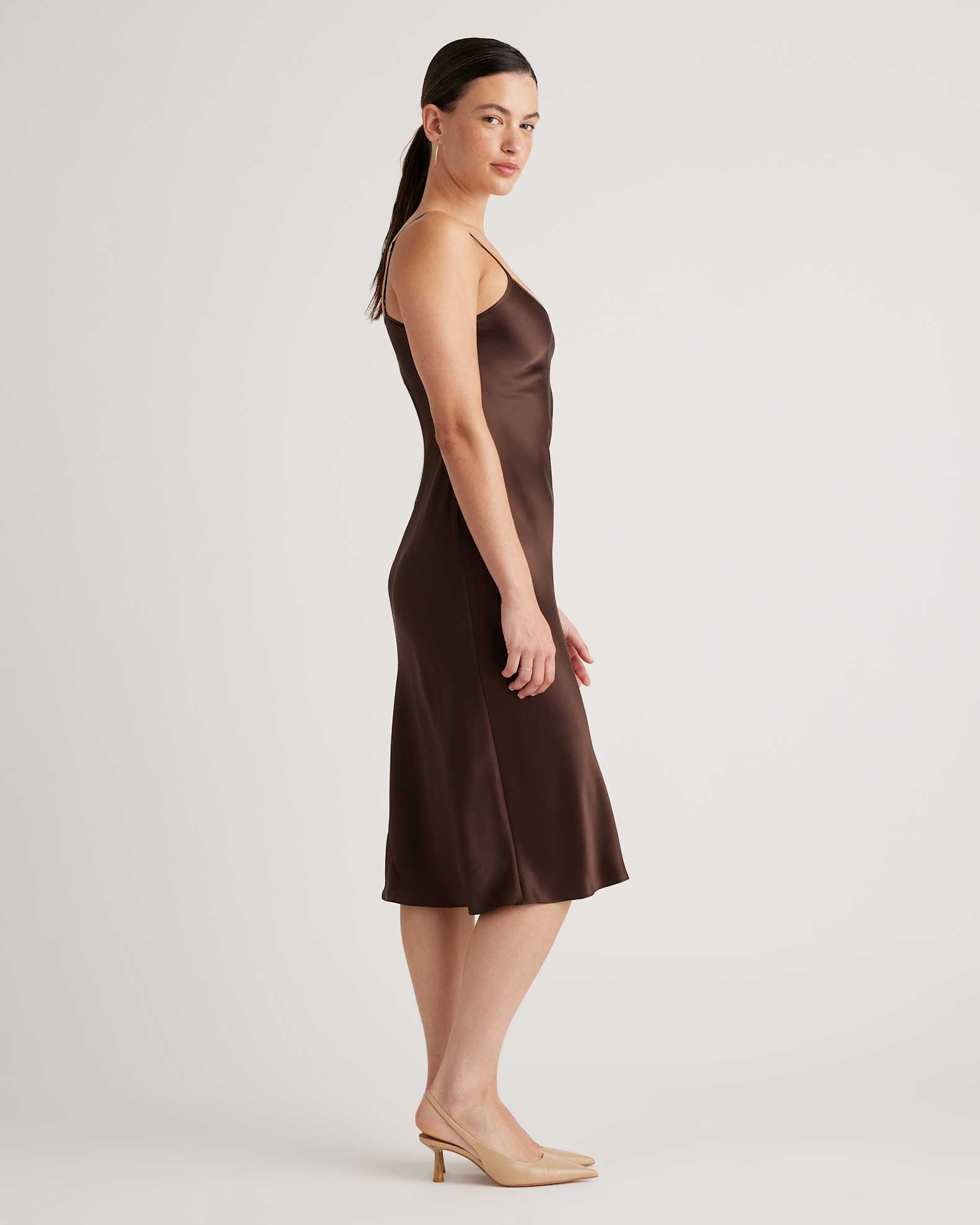 Quince Women's Slip Dress in Hot Fudge, Size XS, 100% Mulberry Silk, Midi Length, Bias Cut, Washable, Hypo-allergenic Quince Women's Slip Dress in Hot Fudge, Size XS, 100% Mulberry Silk, Midi Length, Bias Cut, Washable, Hypo-allergenic