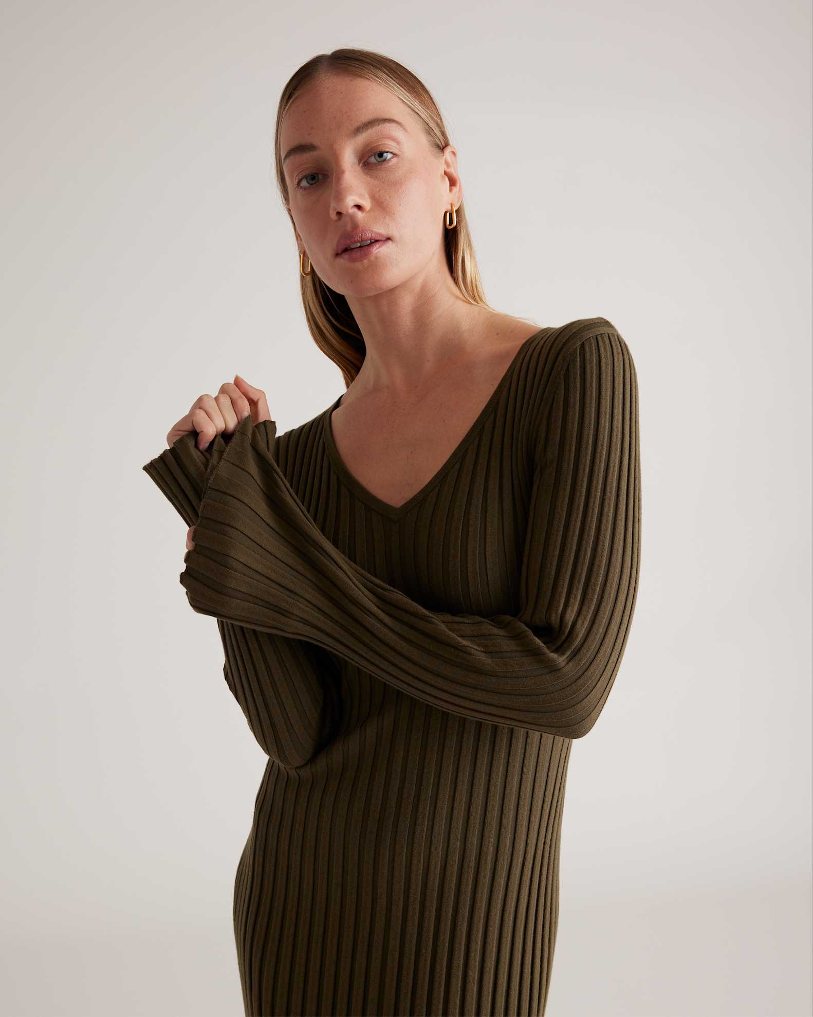 quince cotton cashmere ribbed long sleeve crew midi dress Cotton Cashmere Ribbed Long Sleeve Crew Midi Dress