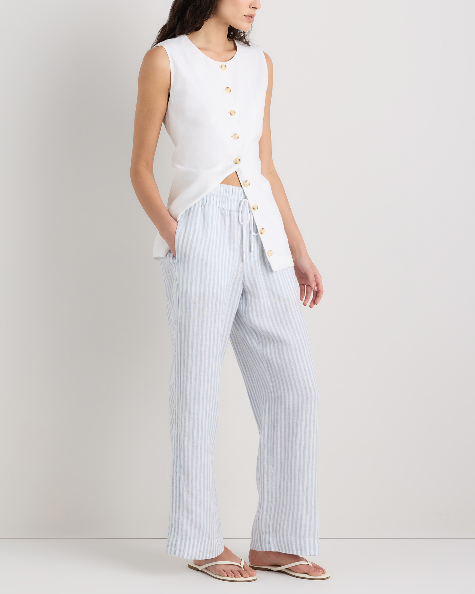 100% European Linen Wide Leg Pants in Sky Blue Mariner Stripe