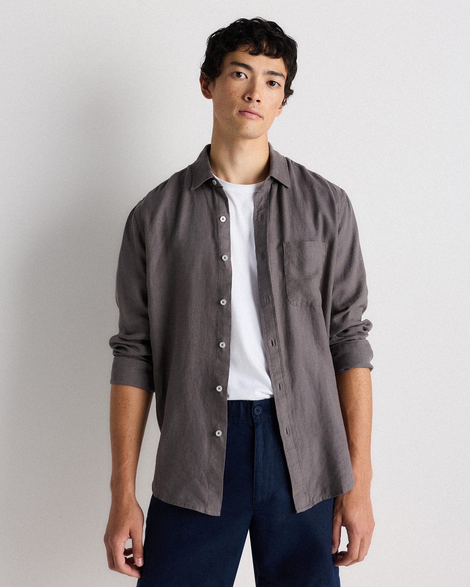 Dark Gull Grey 100% European Linen Relaxed Long Sleeve Pocket Shirt