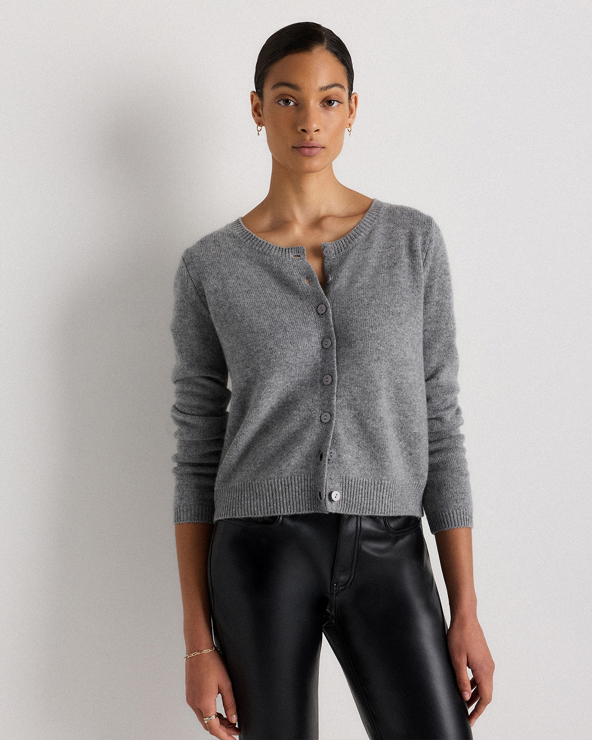 Heather Grey Mongolian Cashmere Cropped Crew Cardigan