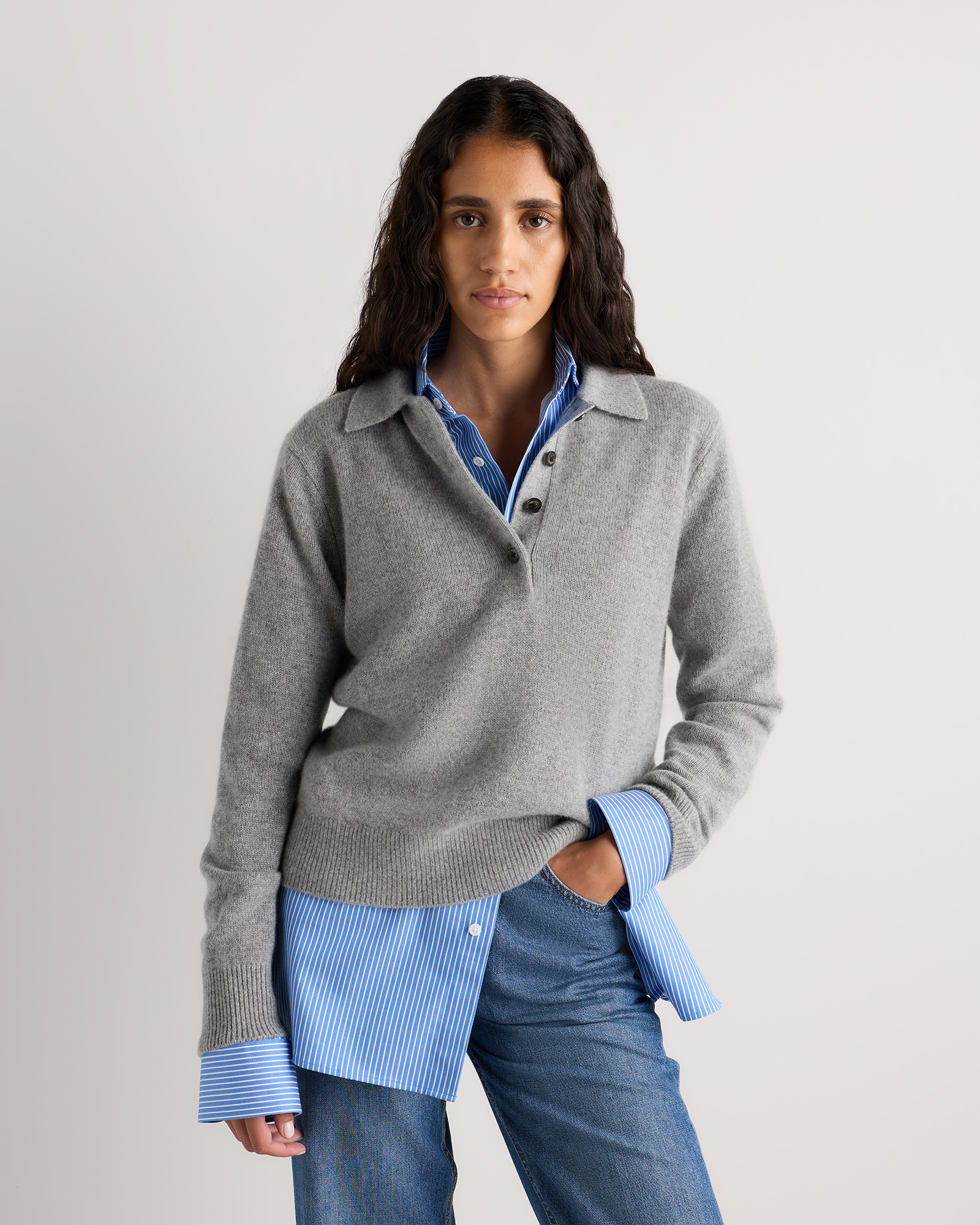 Heather Grey Pull style polo décontracté en cachemire de Mongolie pour femmes
