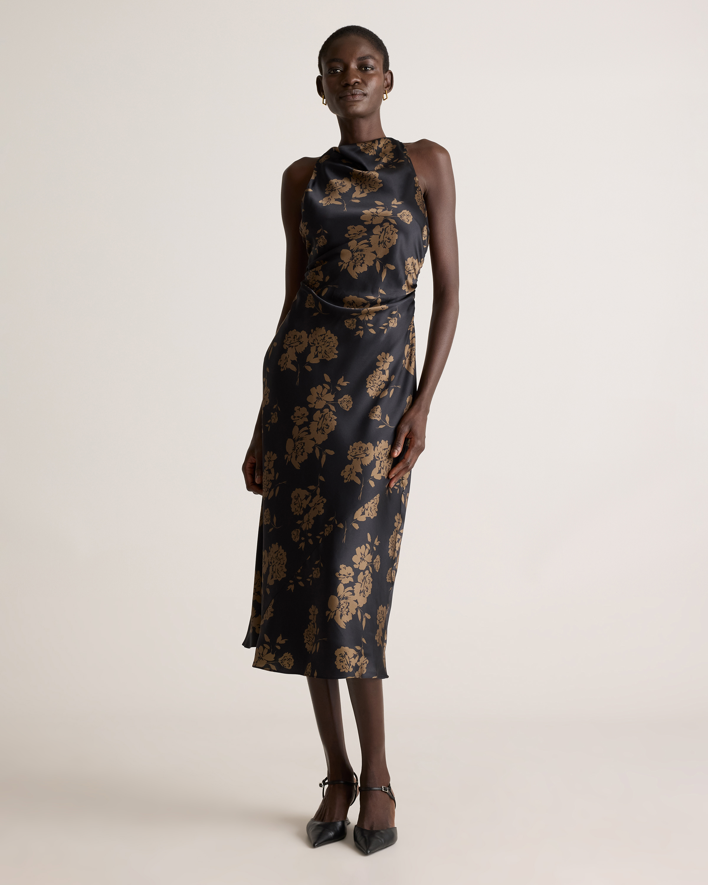 Caper Eclipse Washable Stretch Silk High Neck Midi Dress