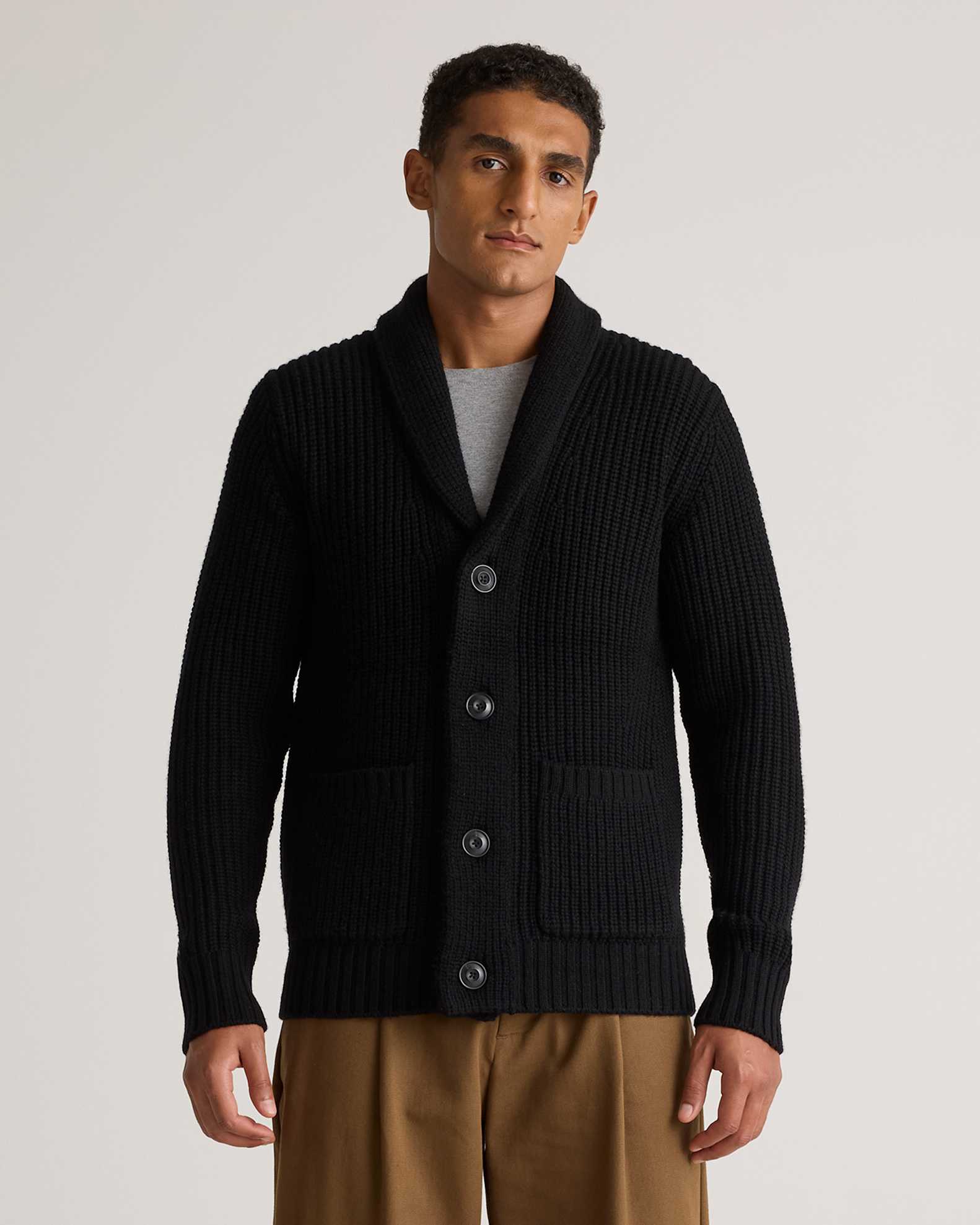 Australian Merino Wool Shawl Collar Cardigan in Black