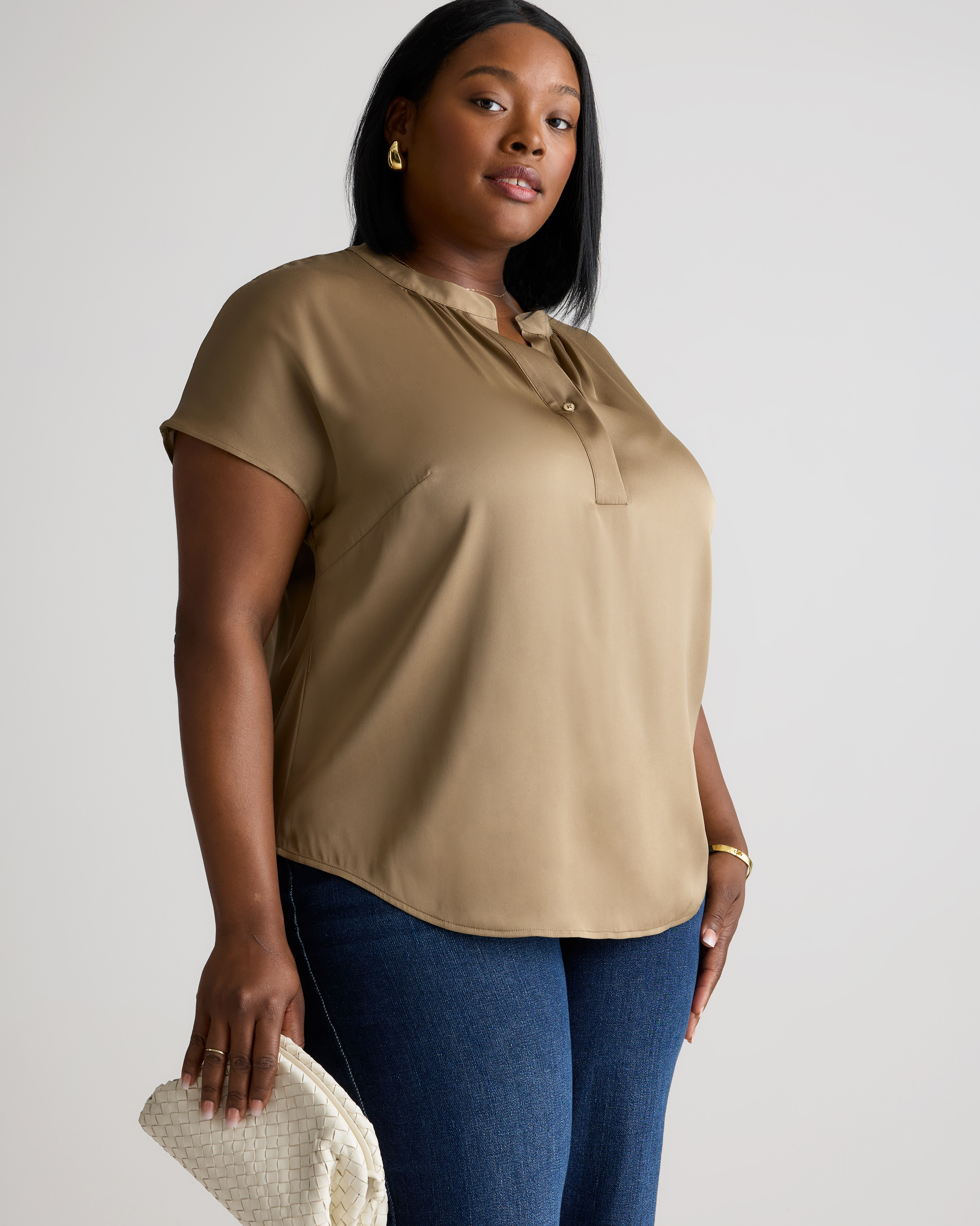 Washable Stretch Silk Dolman Sleeve Blouse - Plus Size