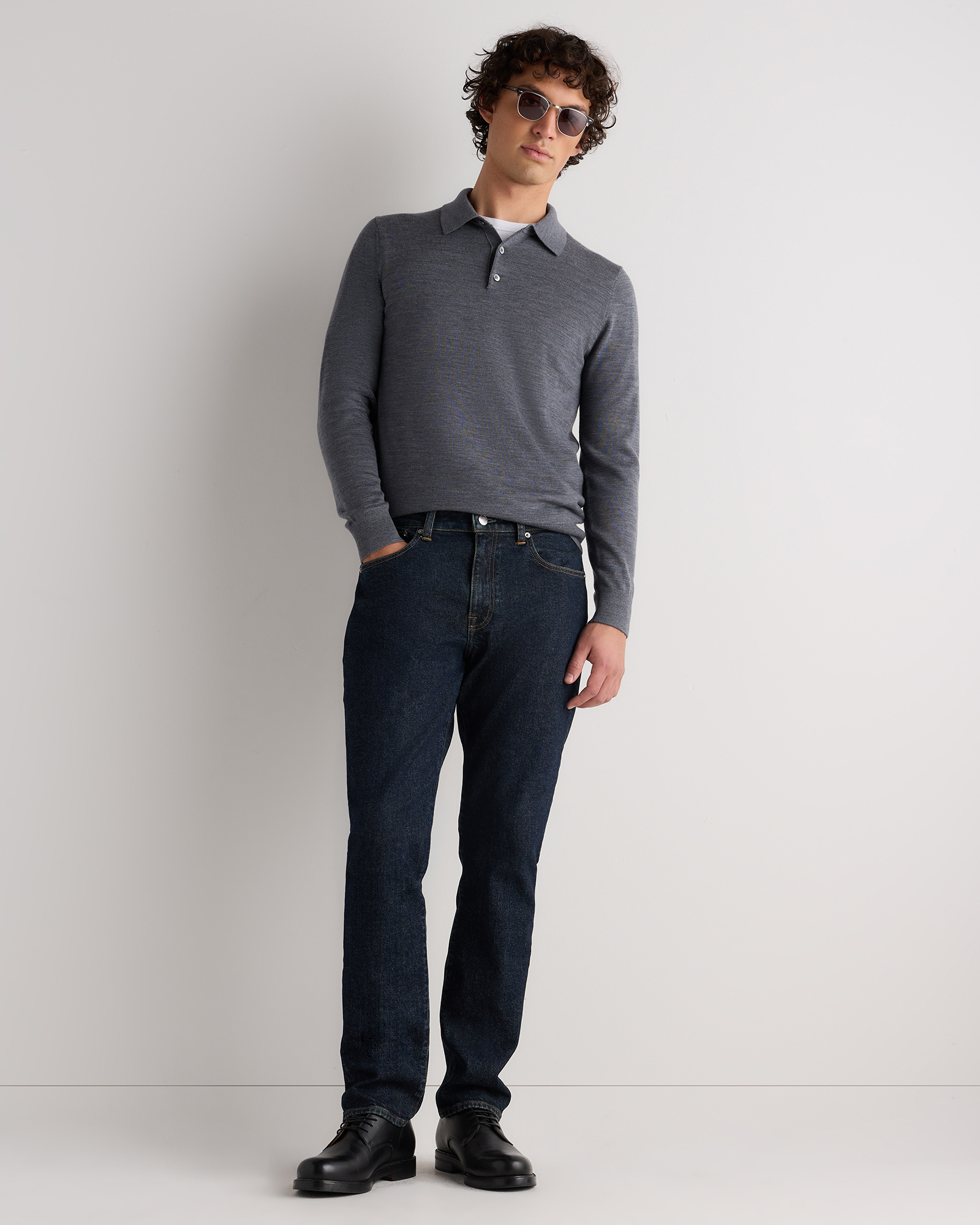 Grey Heather Worsted Merino Wool Polo Sweater
