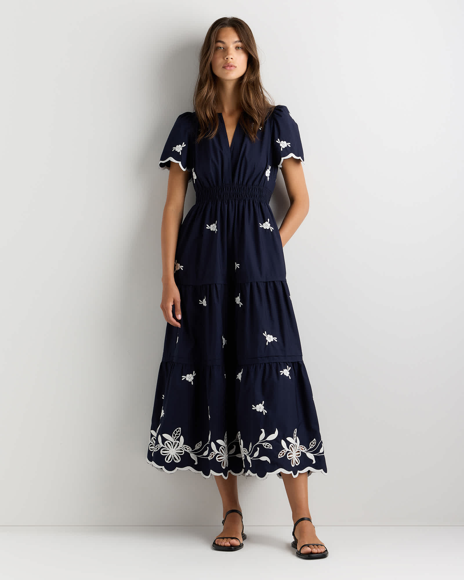 embroidered cotton poplin ruched dress Embroidered Cotton Poplin Ruched Dress