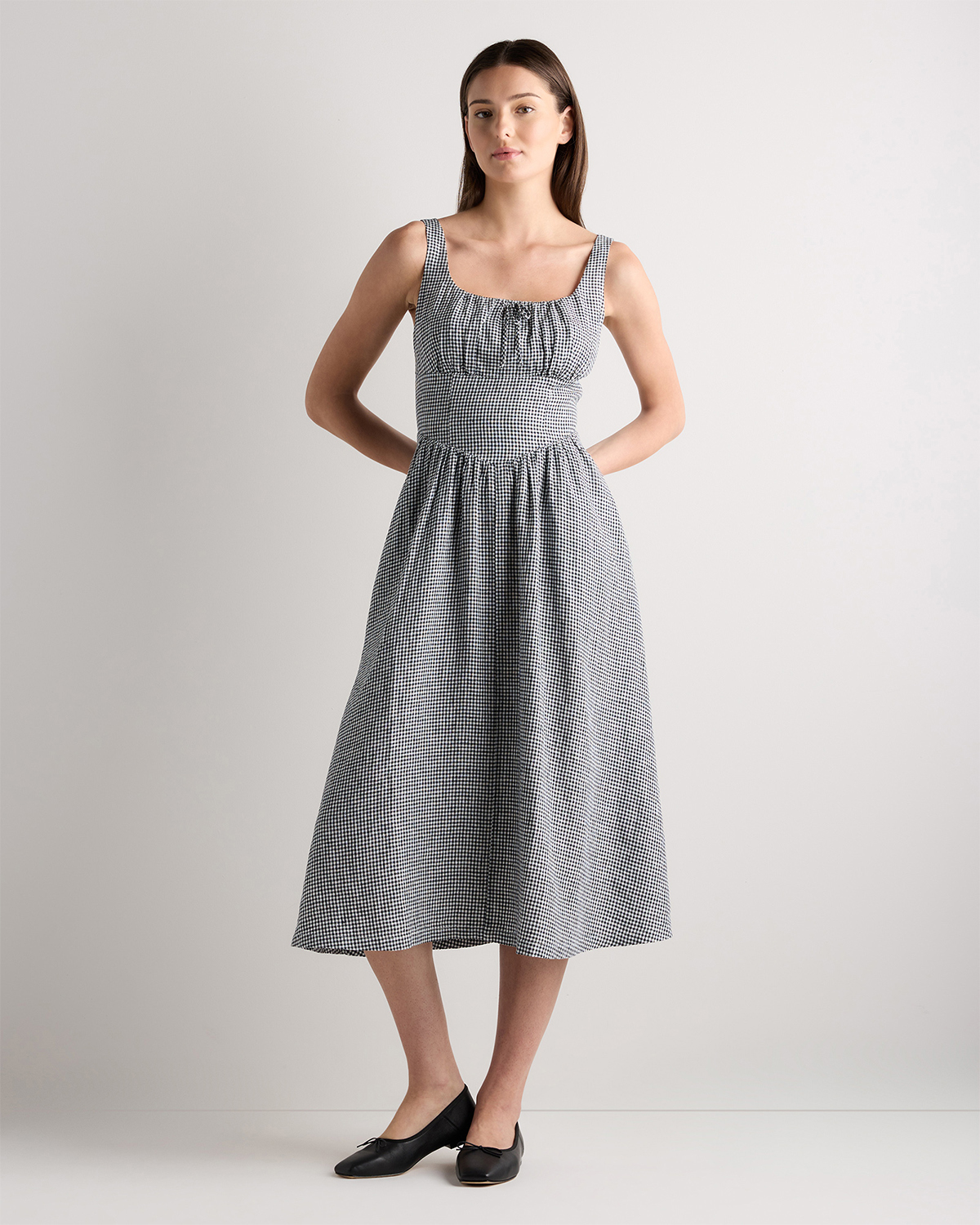 Classic Mini Gingham 100% European Linen Corset Midi Dress